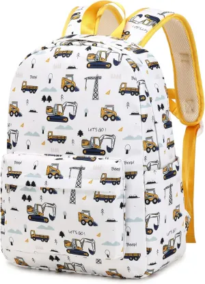 Excavator Backpack for Boys Preschool Backpack Toddler Boy Tractor Bookbag Small Chest Strap, Children Preschool Kindergarten Backpack - White Excavator