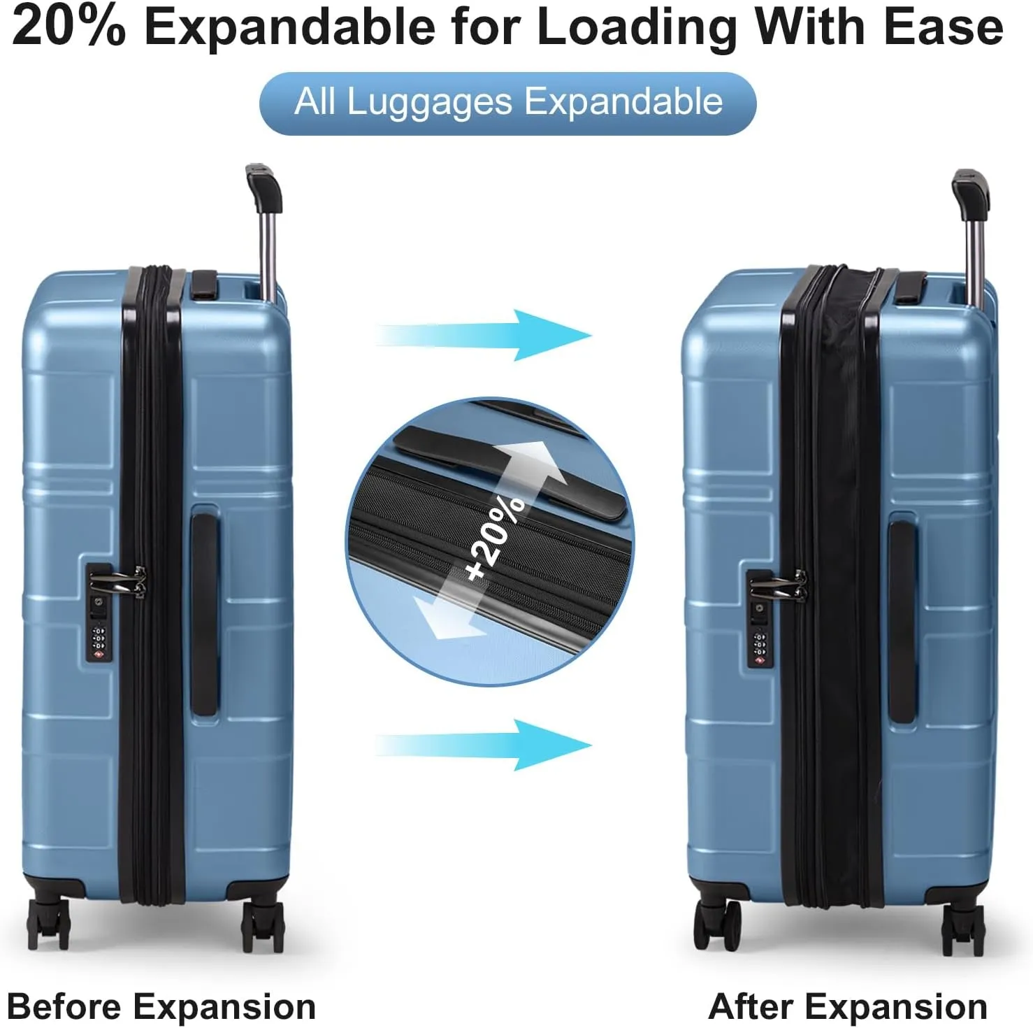 Expandable Carry on Luggage 22x14x9 Airline Approved, ABS PC HardShell Small Suitcase with Wheels, Waterproof Durable Carry on Suitcase with TSA Lock for Travel Business - Ice Blue, 20In