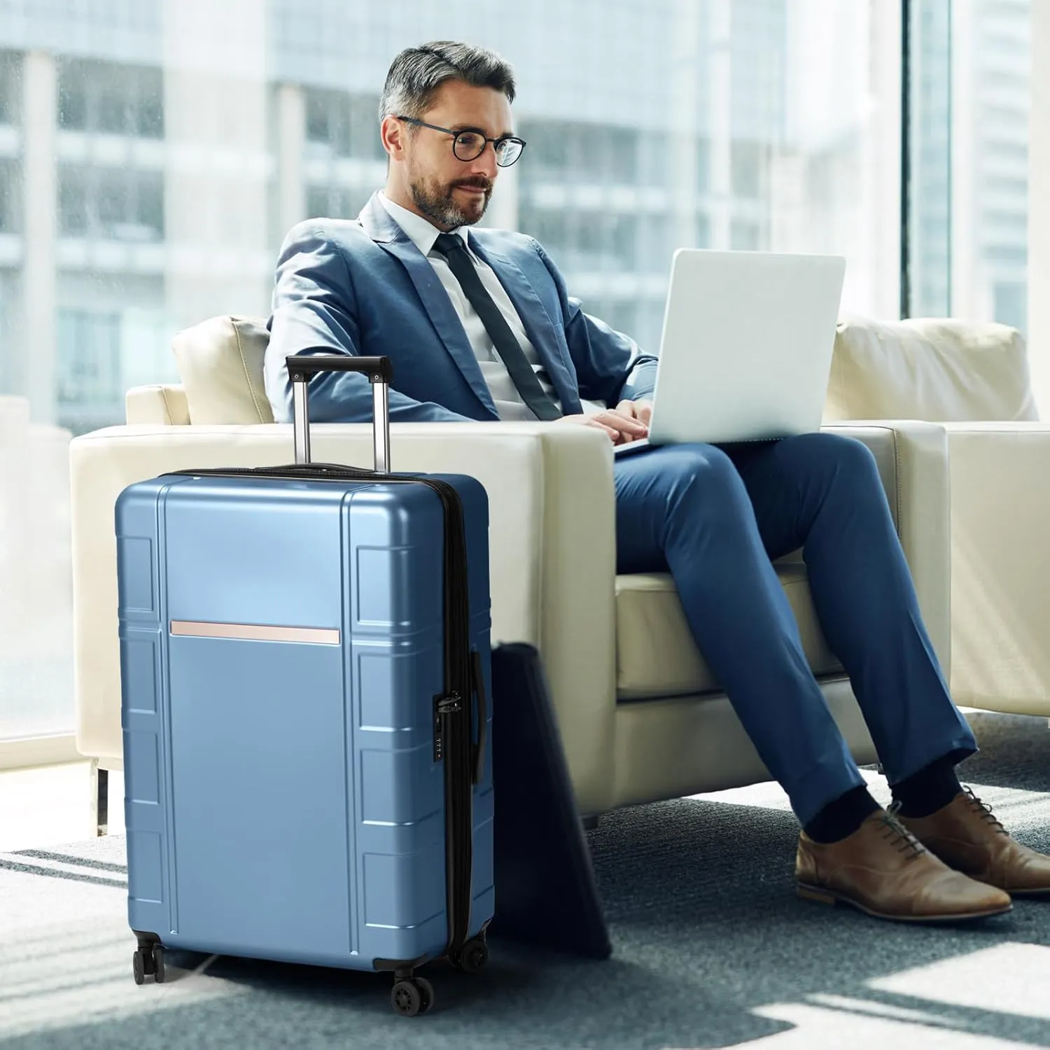 Expandable Carry on Luggage 22x14x9 Airline Approved, ABS PC HardShell Small Suitcase with Wheels, Waterproof Durable Carry on Suitcase with TSA Lock for Travel Business - Ice Blue, 20In