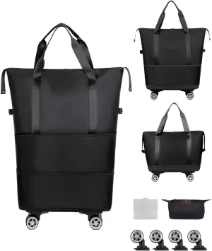 Expandable Foldable Travel Duffle Bag,Luggage Bag with Detachable Wheels, Rolling Bag with Wheels,Carry-on Luggage Bag, Expandable Duffle Bag,Black