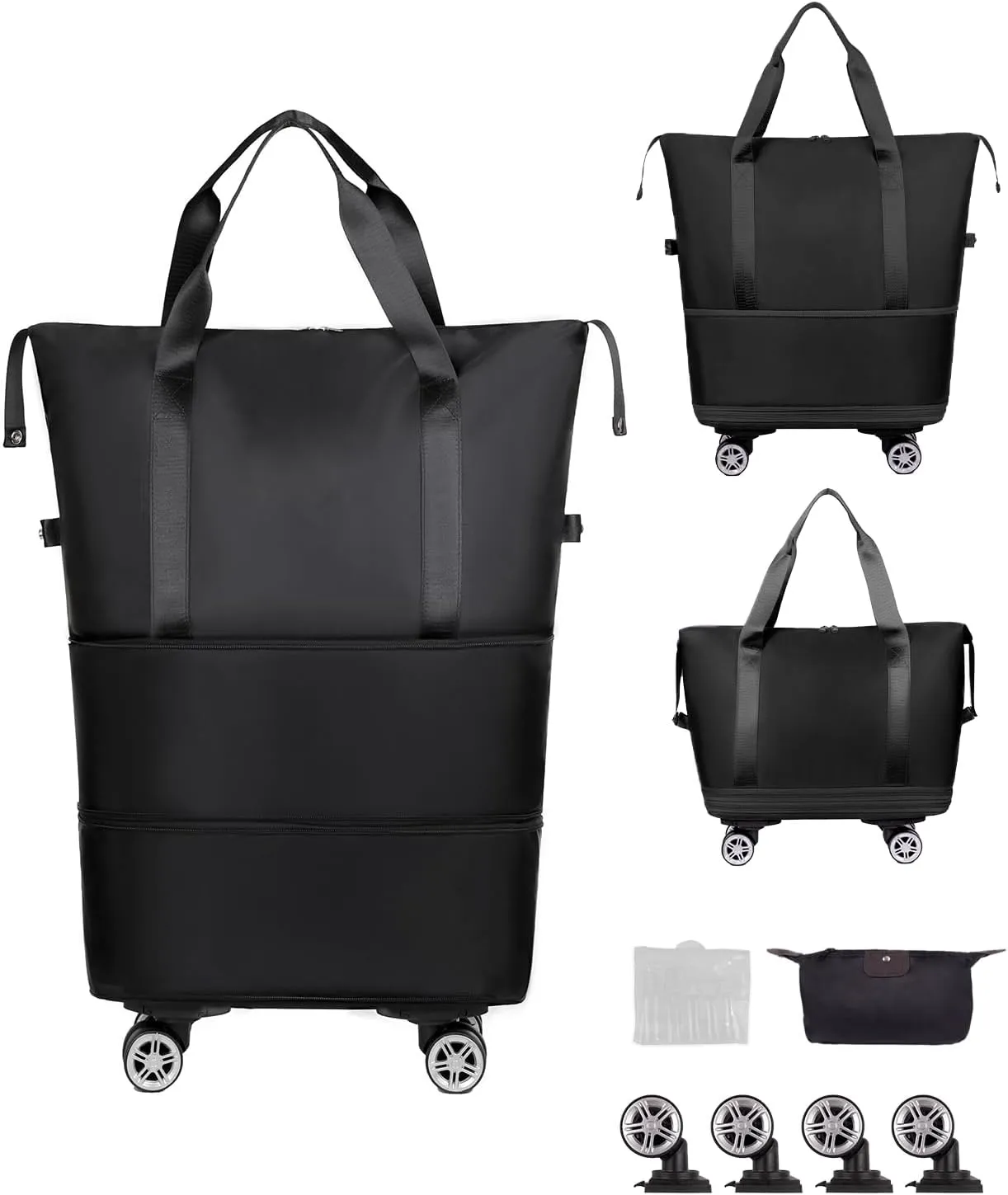 Expandable Foldable Travel Duffle Bag,Luggage Bag with Detachable Wheels, Rolling Bag with Wheels,Carry-on Luggage Bag, Expandable Duffle Bag,Black