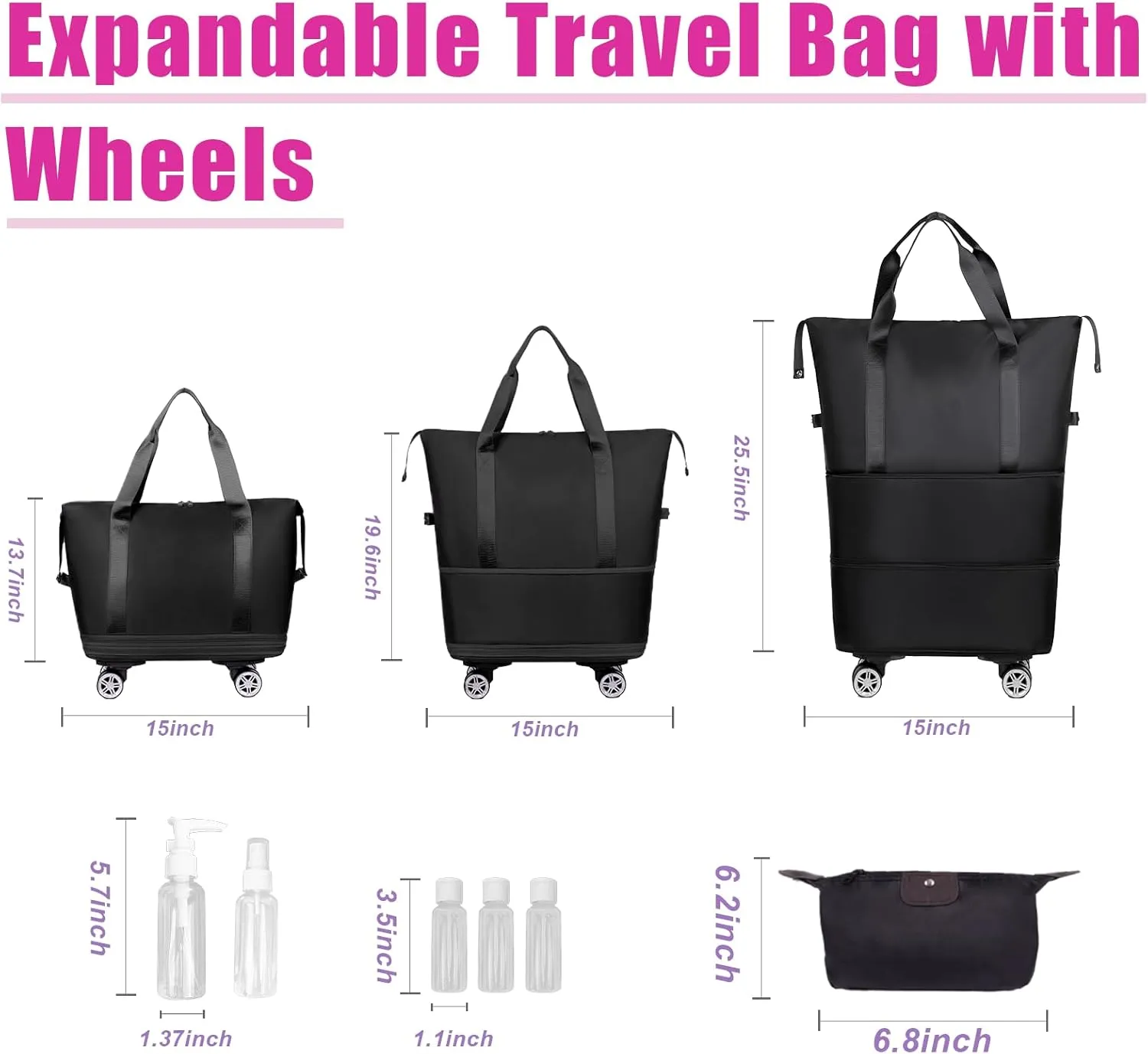 Expandable Foldable Travel Duffle Bag,Luggage Bag with Detachable Wheels, Rolling Bag with Wheels,Carry-on Luggage Bag, Expandable Duffle Bag,Black