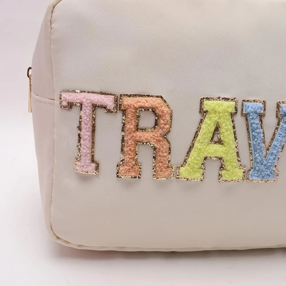 Extral Large Cosmetic Bag Makeup Pouch Bag Case Nylon With Chenille Letter Patches (Beige#TRAVEL, XL)