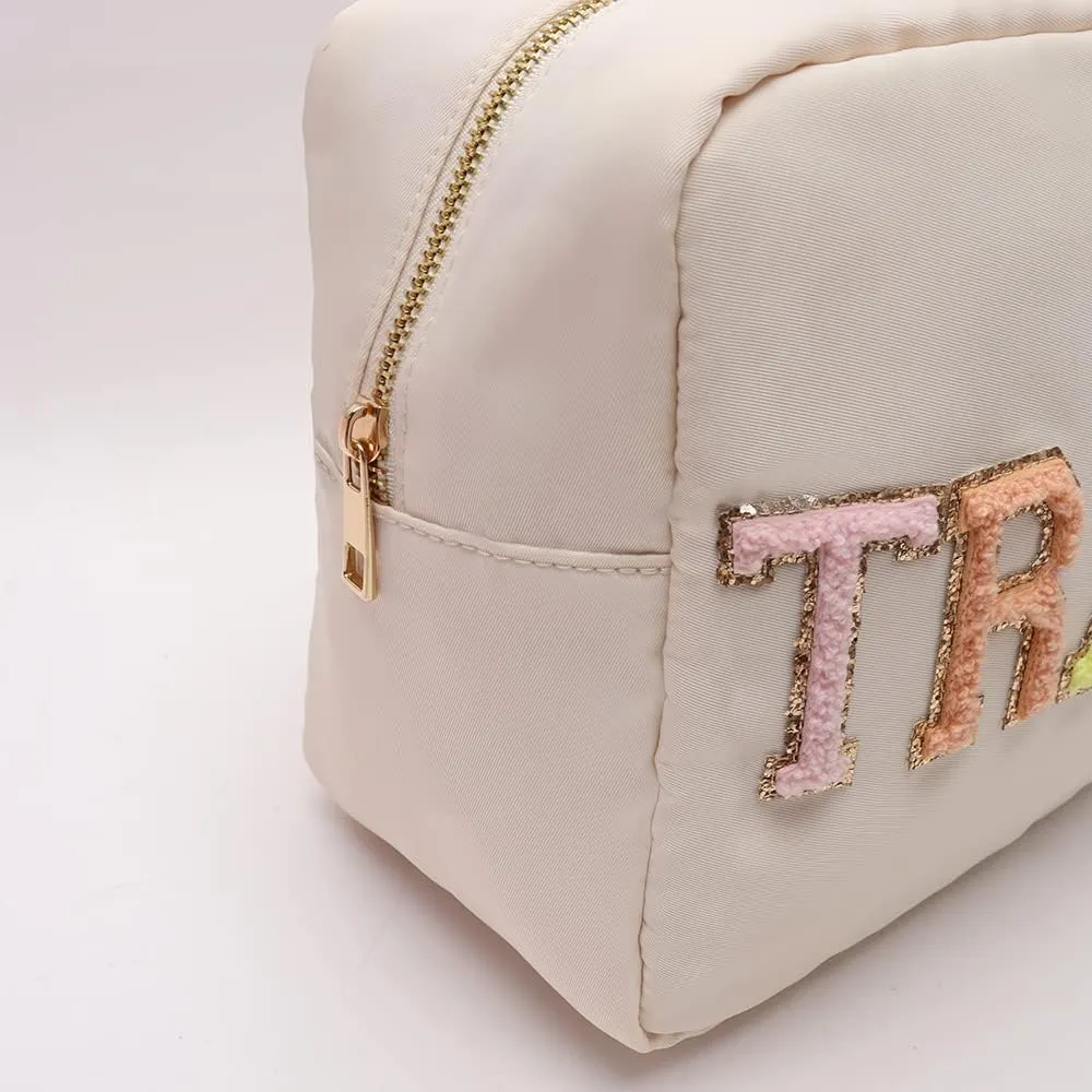 Extral Large Cosmetic Bag Makeup Pouch Bag Case Nylon With Chenille Letter Patches (Beige#TRAVEL, XL)