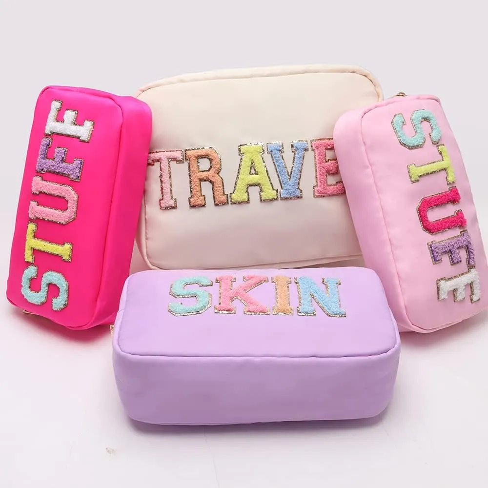 Extral Large Cosmetic Bag Makeup Pouch Bag Case Nylon With Chenille Letter Patches (Beige#TRAVEL, XL)