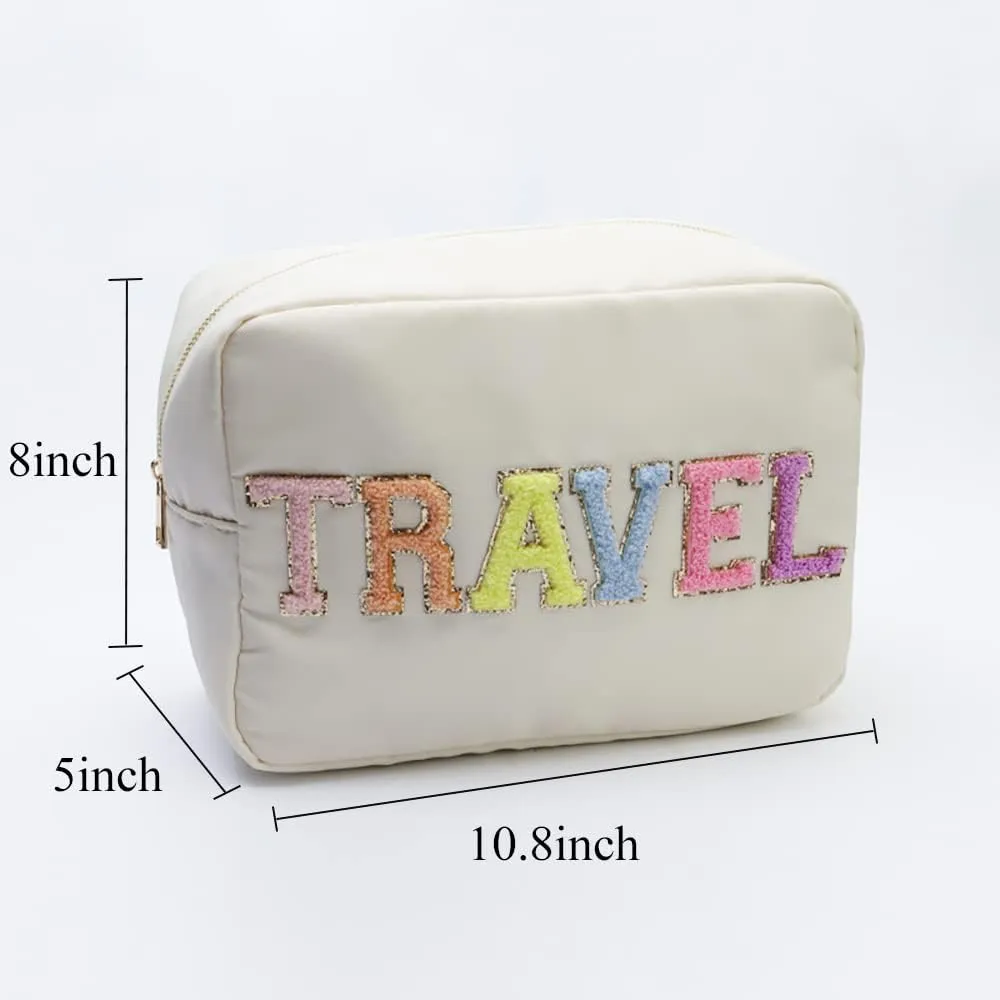Extral Large Cosmetic Bag Makeup Pouch Bag Case Nylon With Chenille Letter Patches (Beige#TRAVEL, XL)