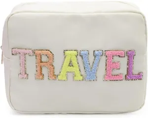 Extral Large Cosmetic Bag Makeup Pouch Bag Case Nylon With Chenille Letter Patches (Beige#TRAVEL, XL)