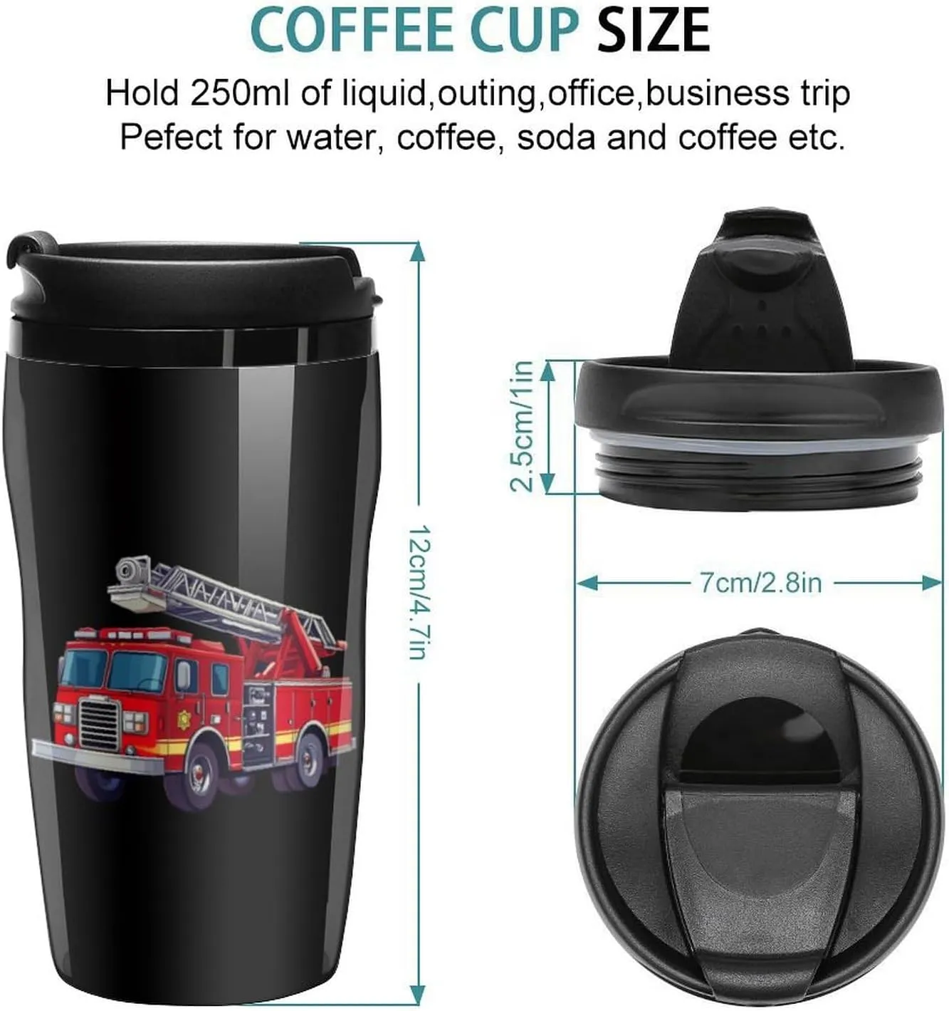Fire Truck Coffee Mug with Lid Portable Tumbler Water Bottle for Travel Business 250ml