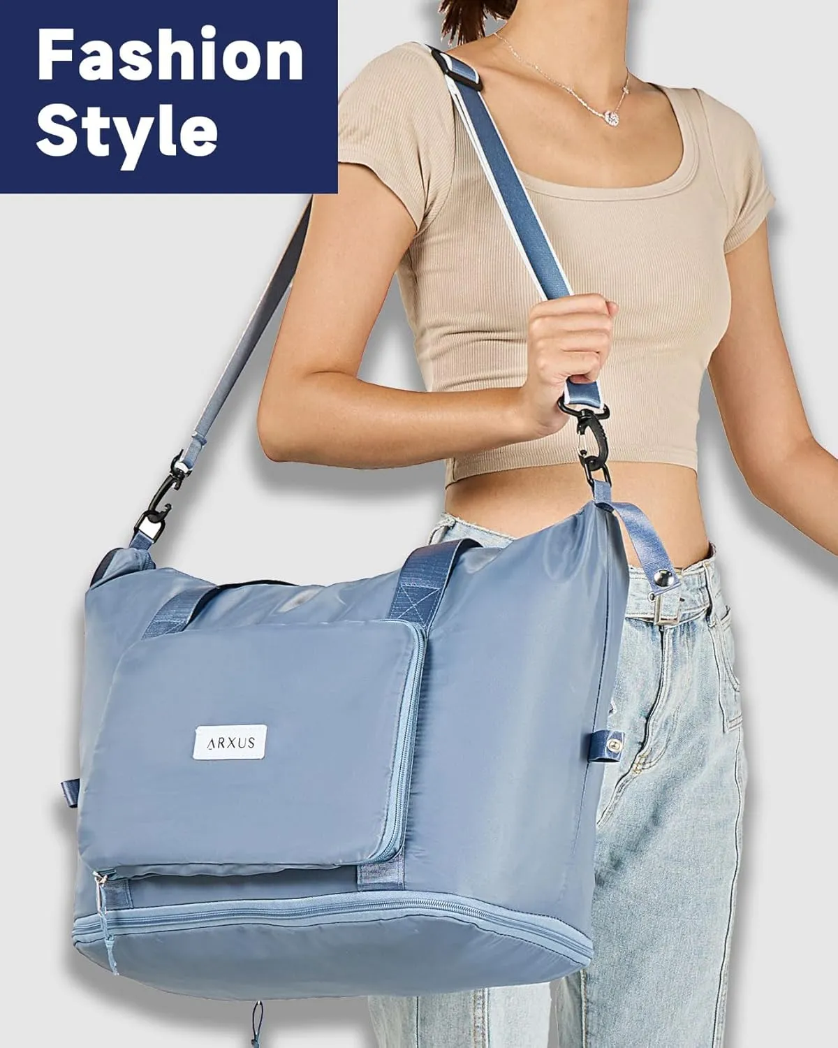 Folding Travel Bag Carry on Bags for Airplanes with Detachable Adjustable Shoulder Strap Light Weight Travel Duffle Bag for Women with Suitcase Sleeve 17x11x9 inch