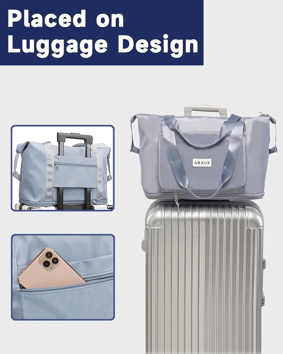 Folding Travel Bag Carry on Bags for Airplanes with Detachable Adjustable Shoulder Strap Light Weight Travel Duffle Bag for Women with Suitcase Sleeve 17x11x9 inch