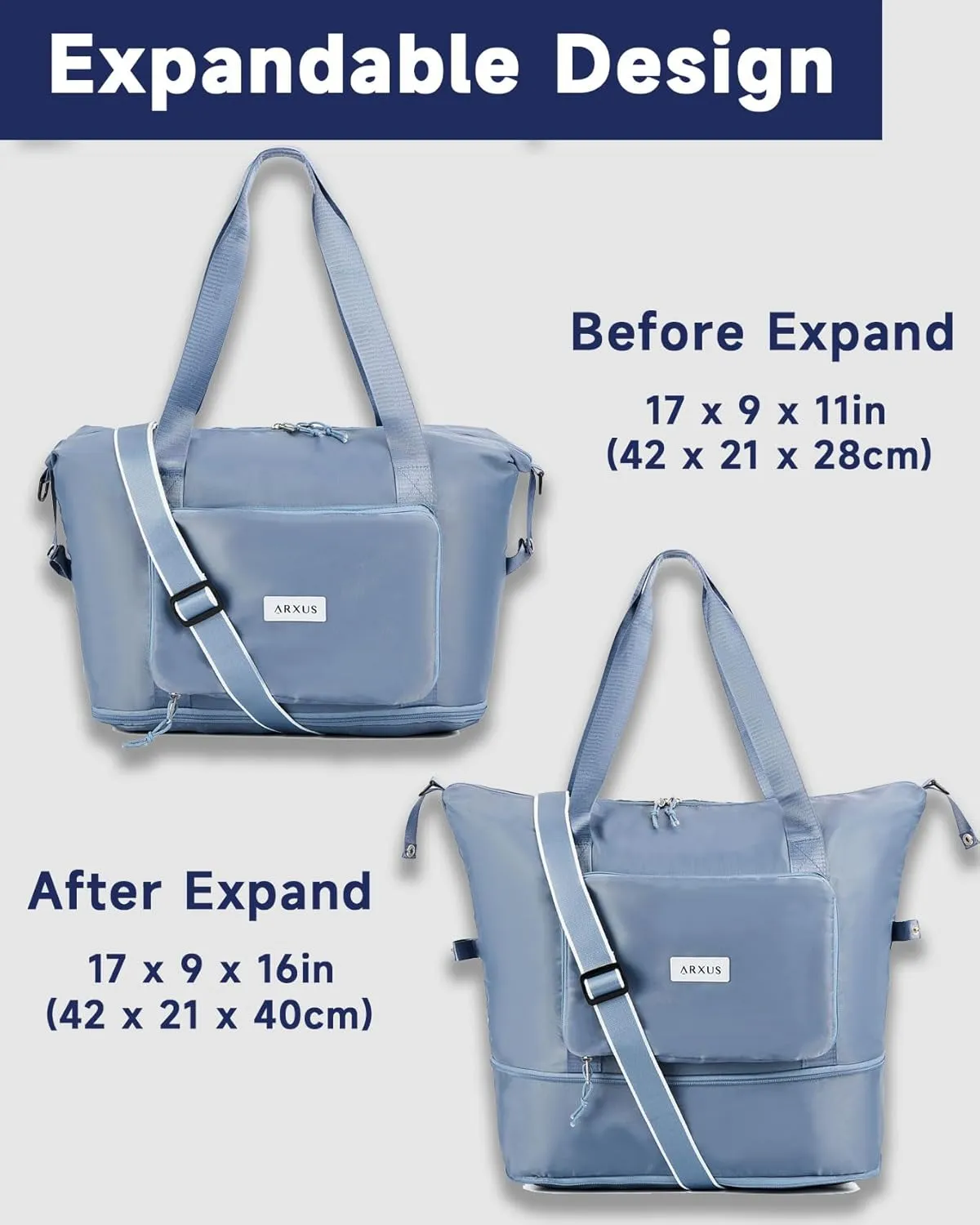 Folding Travel Bag Carry on Bags for Airplanes with Detachable Adjustable Shoulder Strap Light Weight Travel Duffle Bag for Women with Suitcase Sleeve 17x11x9 inch
