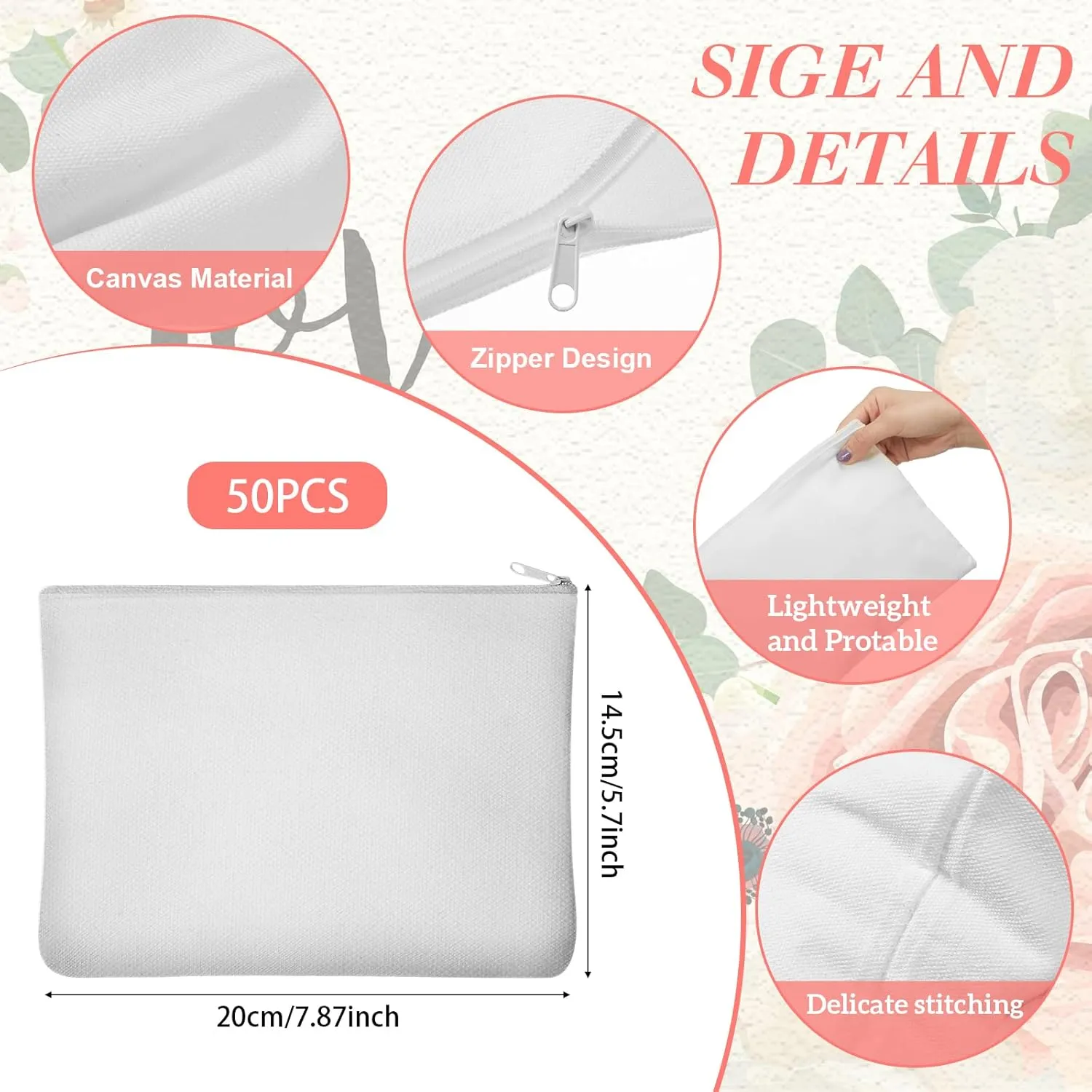 Frienda 50 Pcs Sublimation Blank Canvas Makeup Bags Bulk DIY Heat Transfer Canvas Pen Case Pencil Cosmetic Makeup Bags Clear Sublimation Blank Pouch with Zipper (7.87 x 5.7 Inch,White)
