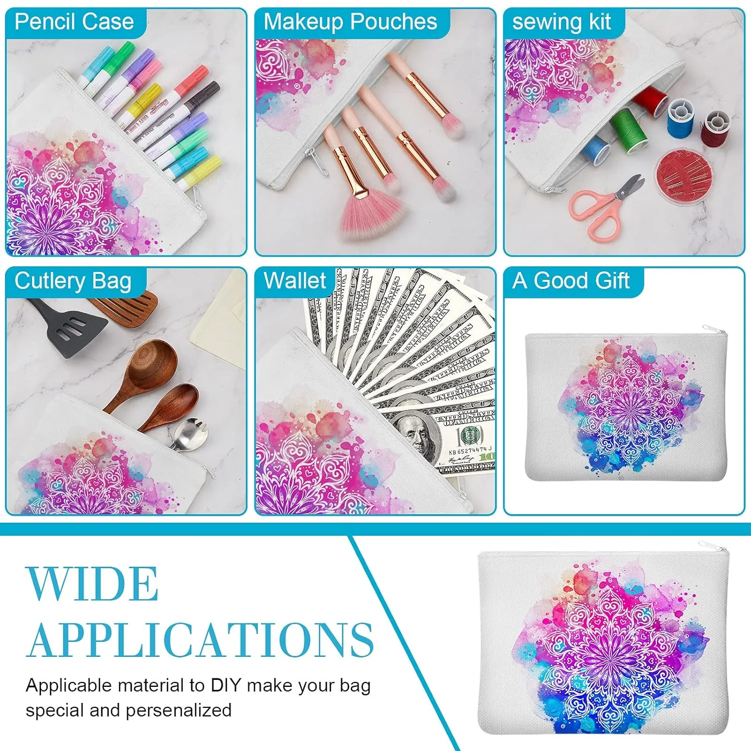 Frienda 50 Pcs Sublimation Blank Canvas Makeup Bags Bulk DIY Heat Transfer Canvas Pen Case Pencil Cosmetic Makeup Bags Clear Sublimation Blank Pouch with Zipper (7.87 x 5.7 Inch,White)