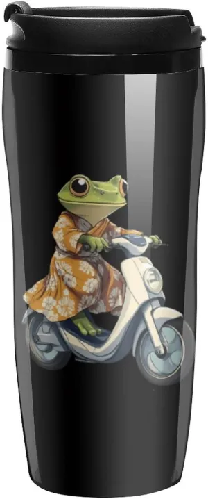 Frog Ride Motorcycle Coffee Mug with Lid Portable Tumbler Water Bottle for Travel Business 350ml