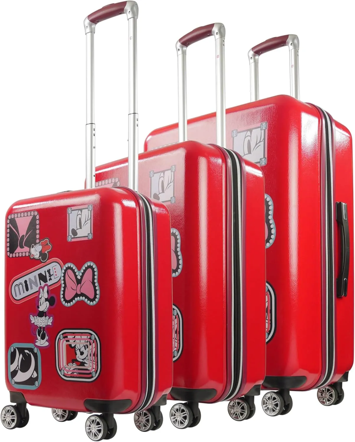 FUL Disney Minnie Mouse Patchwork 3 Piece Rolling Luggage Set, Hardshell Suitcase with Wheels, Red, Set-21/25/29 inch
