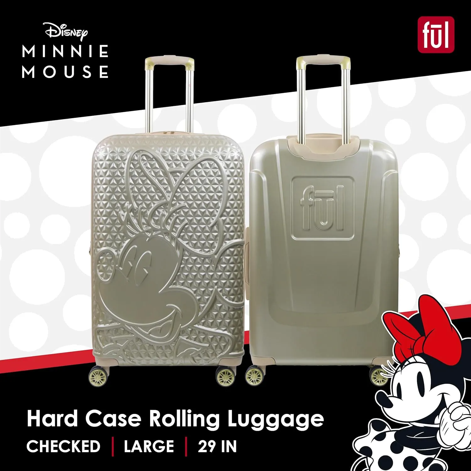 FUL Disney Minnie Mouse Rolling Luggage, Textured Hardshell Suitcase with Wheels, Gold, 29 Inch