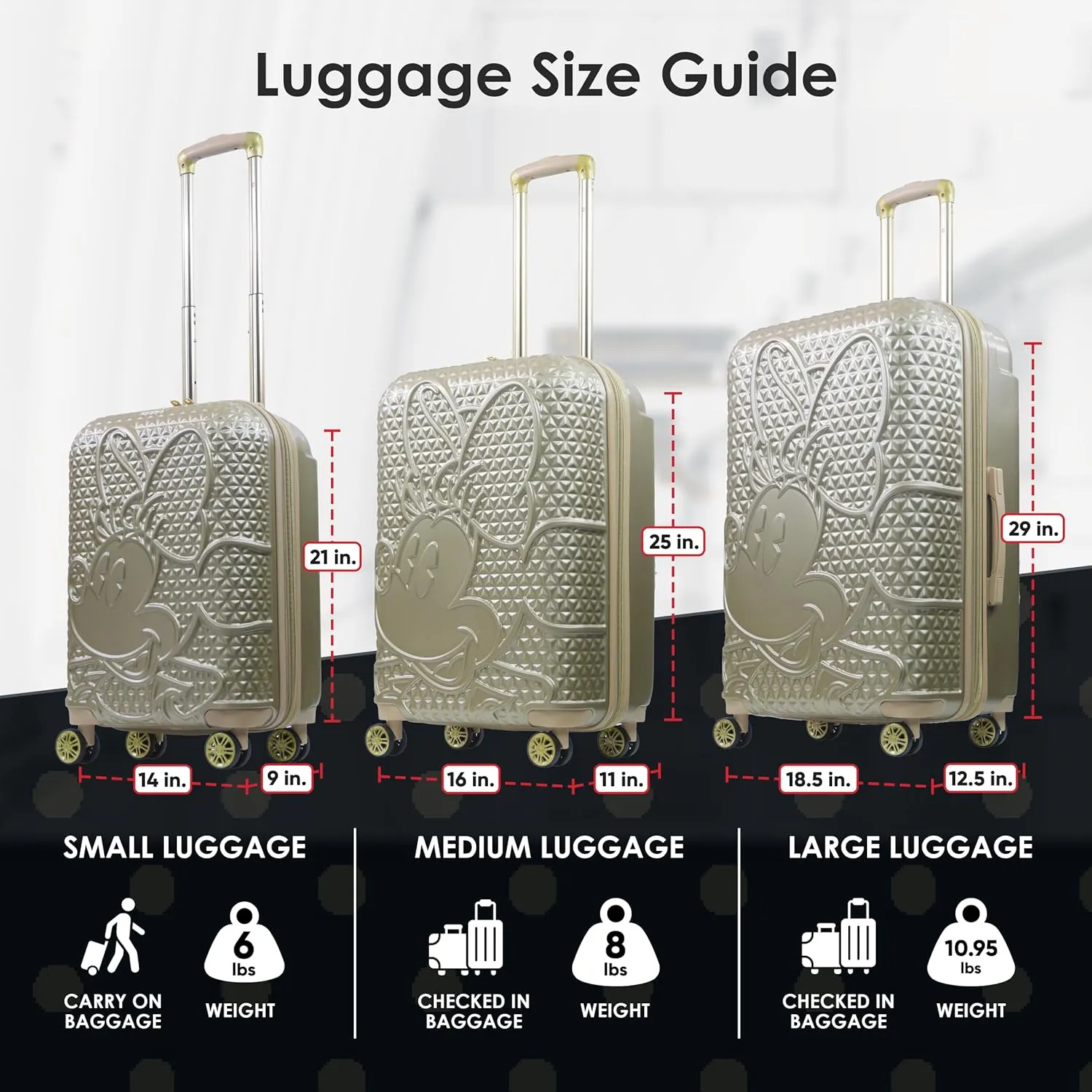 FUL Disney Minnie Mouse Rolling Luggage, Textured Hardshell Suitcase with Wheels, Gold, 29 Inch