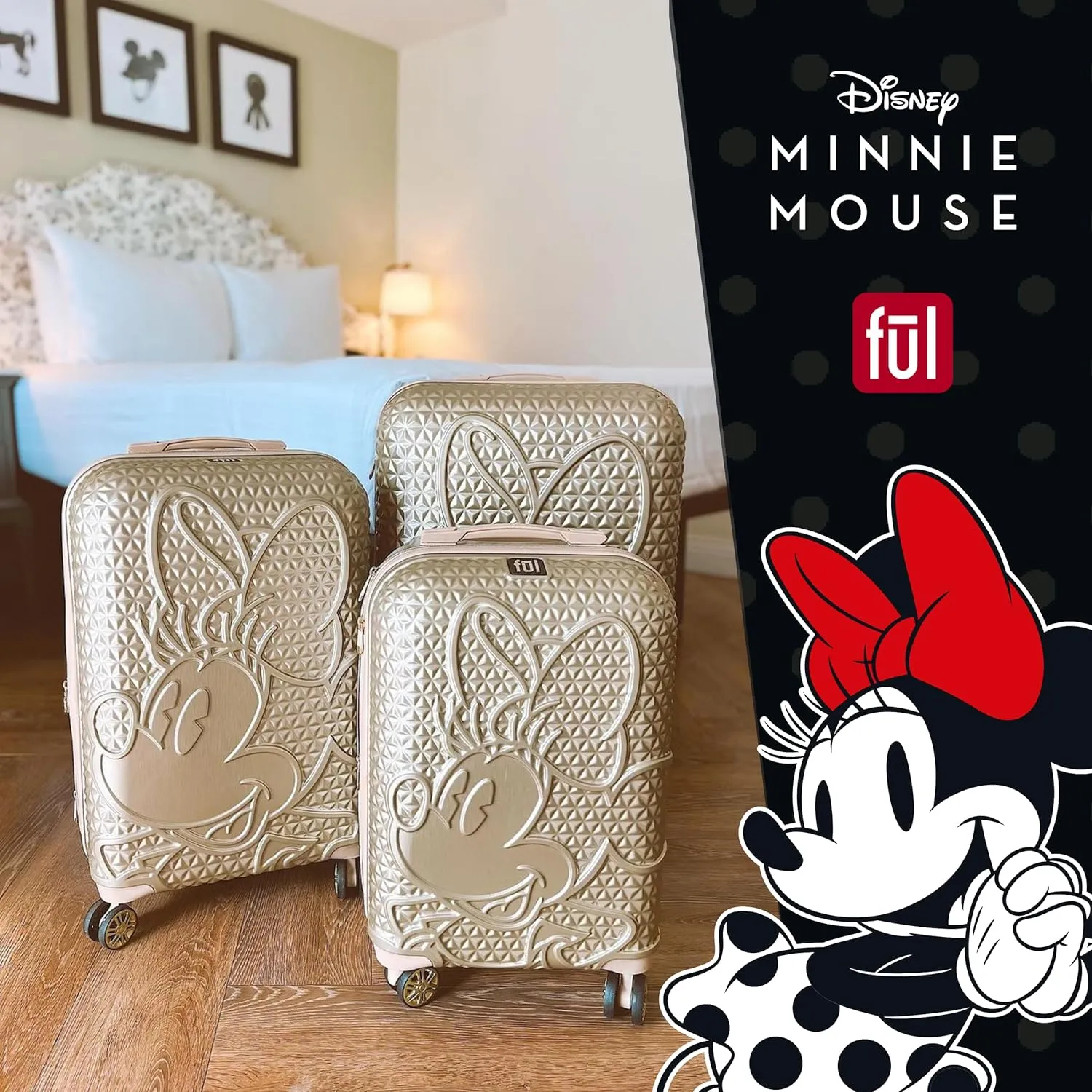 FUL Disney Minnie Mouse Rolling Luggage, Textured Hardshell Suitcase with Wheels, Gold, 29 Inch