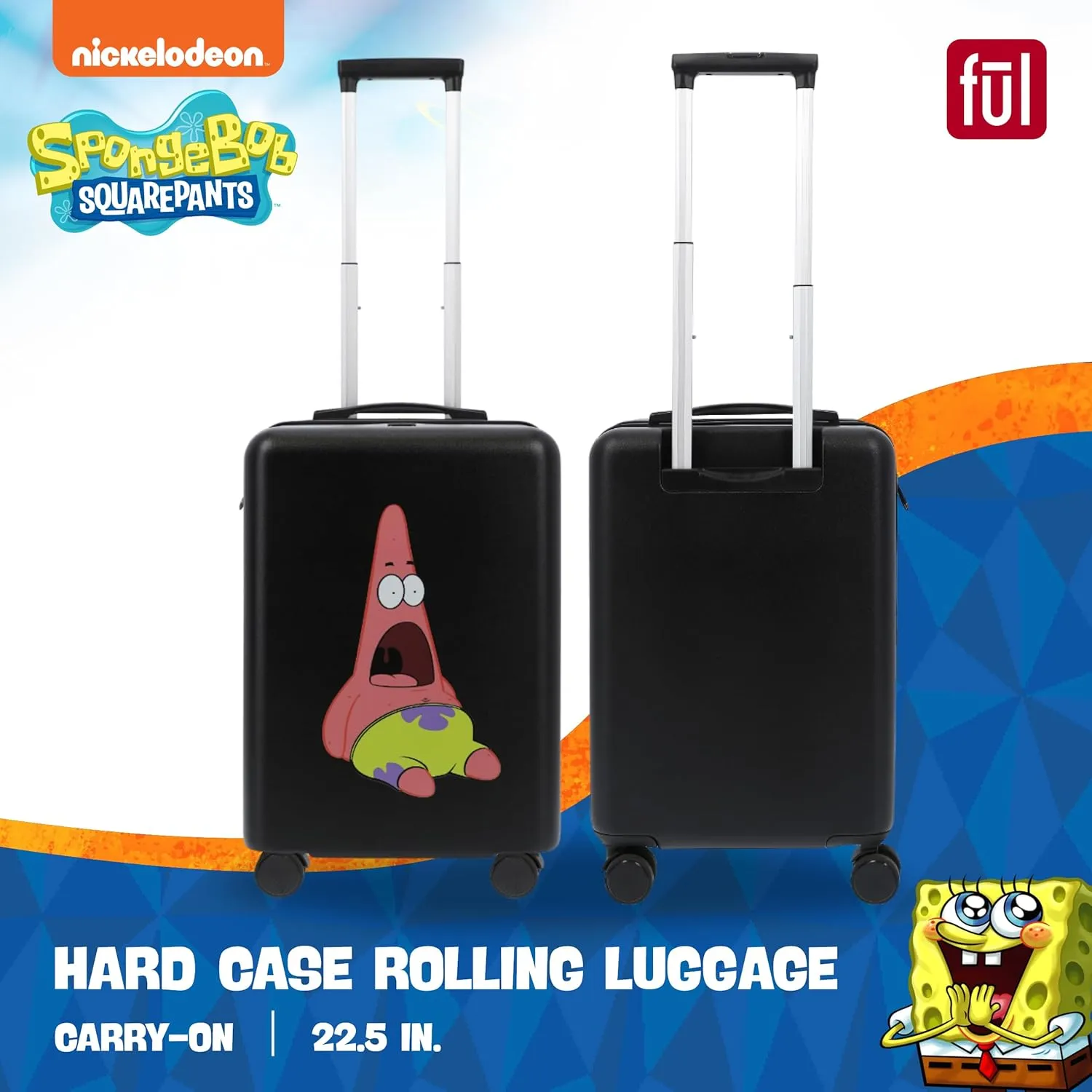 FUL Spongebob Squarepants 22.5 Inch Carry On Luggage, Hardshell Rolling Suitcase with Spinner Wheels, Black Patrick Star