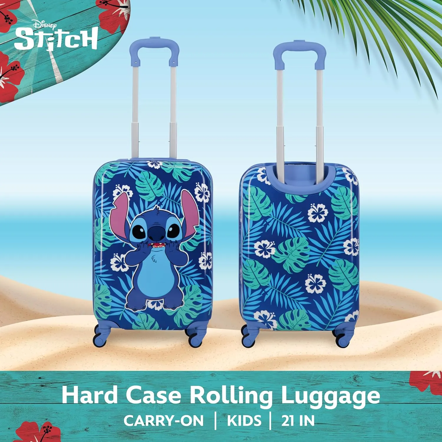 FUL Unisex Kid's Disney Stitch 21 Inch Carry On Luggage, Hardshell Rolling Suitcase with Spinner Wheels, Blue
