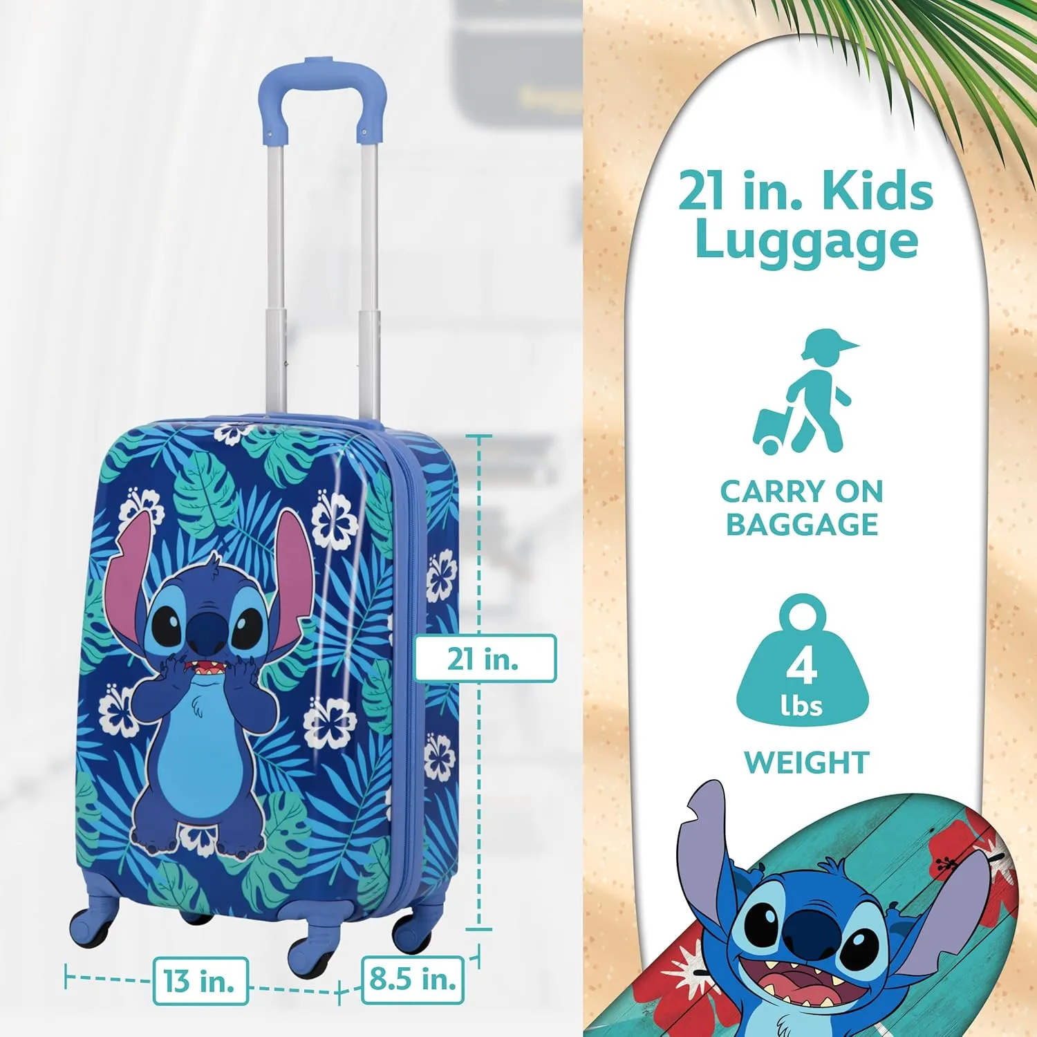 FUL Unisex Kid's Disney Stitch 21 Inch Carry On Luggage, Hardshell Rolling Suitcase with Spinner Wheels, Blue