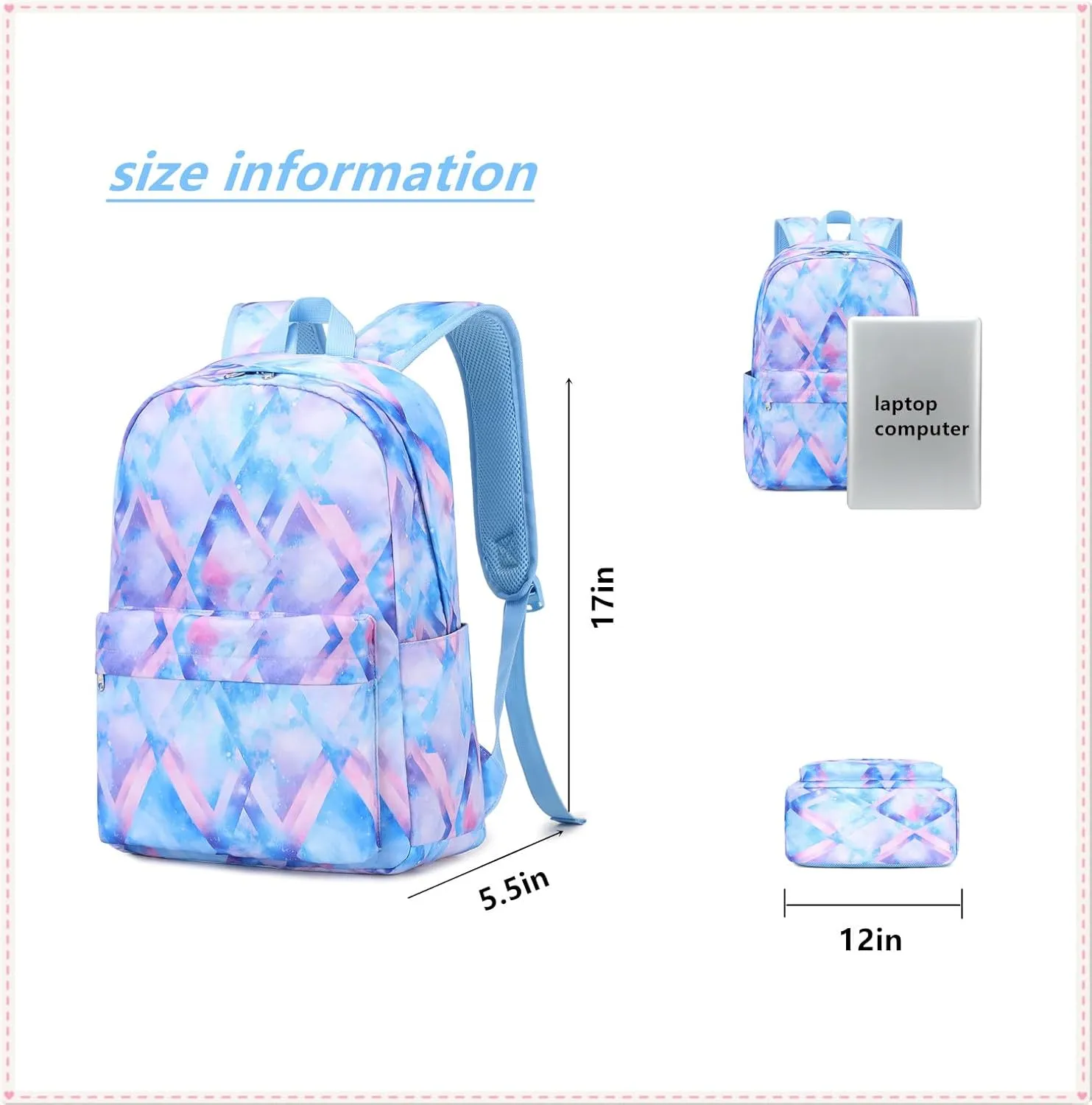 Girls School Backpack Elementary Middle Lightning Bookbag Laptop Teenager Waterproof Lightweight 17 Inches (4Blue)