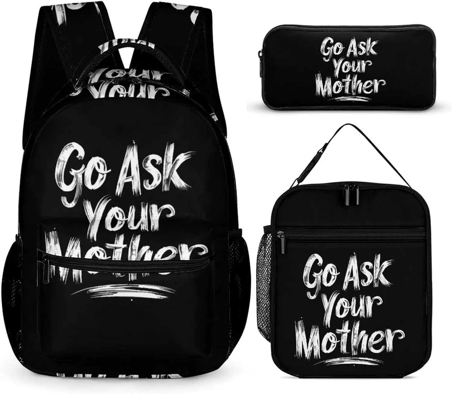 Go Ask Your Mother 3 Pcs Backpacks Set Combination 16“ Travel Backpack Portable Lunch Bag Pencil Case for Unisex