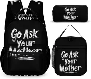 Go Ask Your Mother 3 Pcs Backpacks Set Combination 16“ Travel Backpack Portable Lunch Bag Pencil Case for Unisex