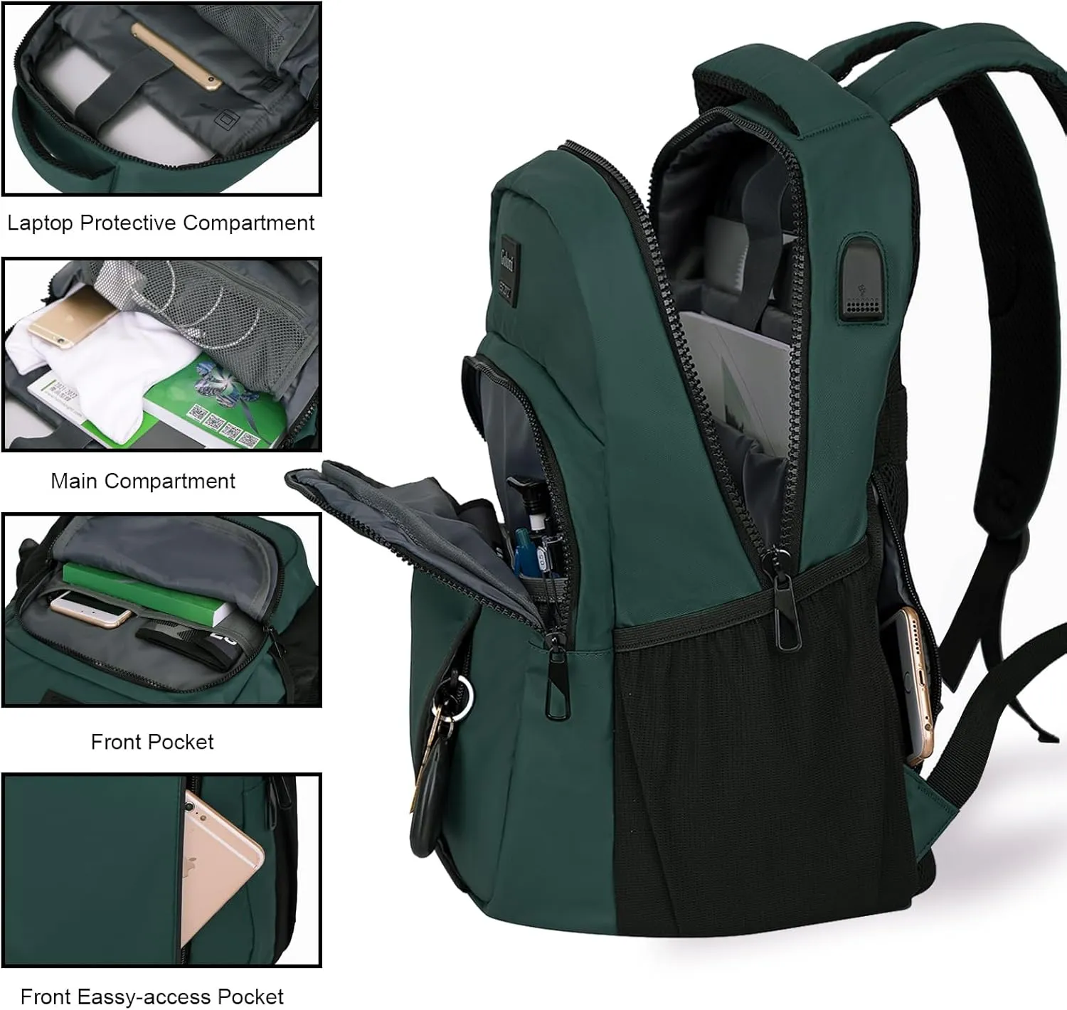 Goloni 15.6 Travel Laptop Backpack with USB Charging Port, Men Man Women Back Pack,Work,Casual College,High Schol Book Bag for Teens Lightweight Waterproof Casual Notebook Bag,Green