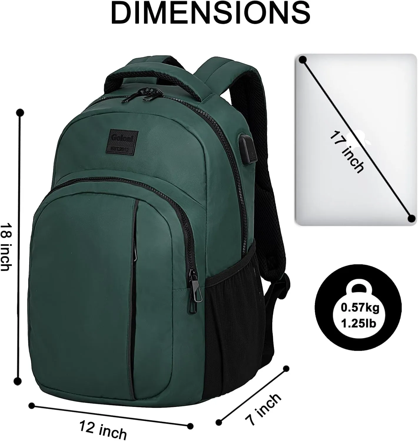 Goloni 15.6 Travel Laptop Backpack with USB Charging Port, Men Man Women Back Pack,Work,Casual College,High Schol Book Bag for Teens Lightweight Waterproof Casual Notebook Bag,Green