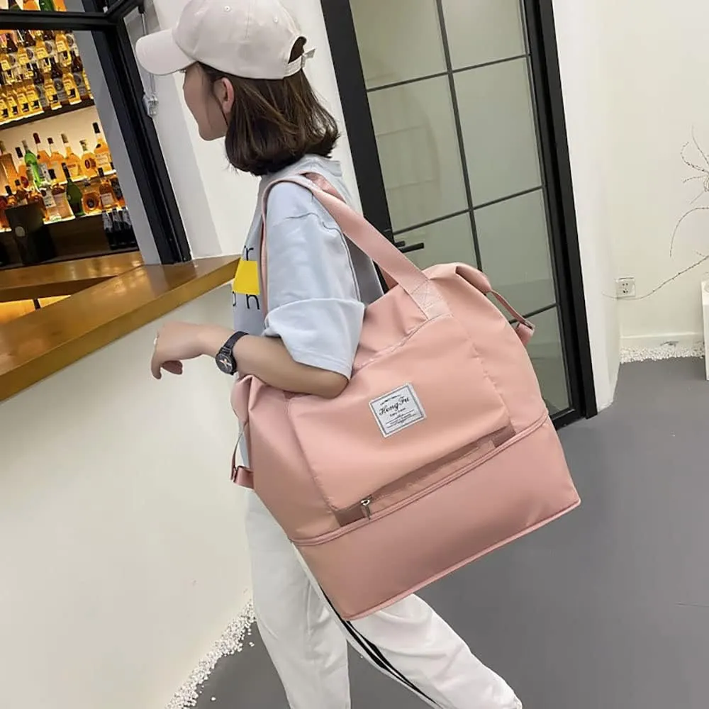 Gpmsign Travel Bag, Large Capacity Folding Travel Bag, High-capacity Double-layer Wet Separation Travelling Bag (Ash With Powder)