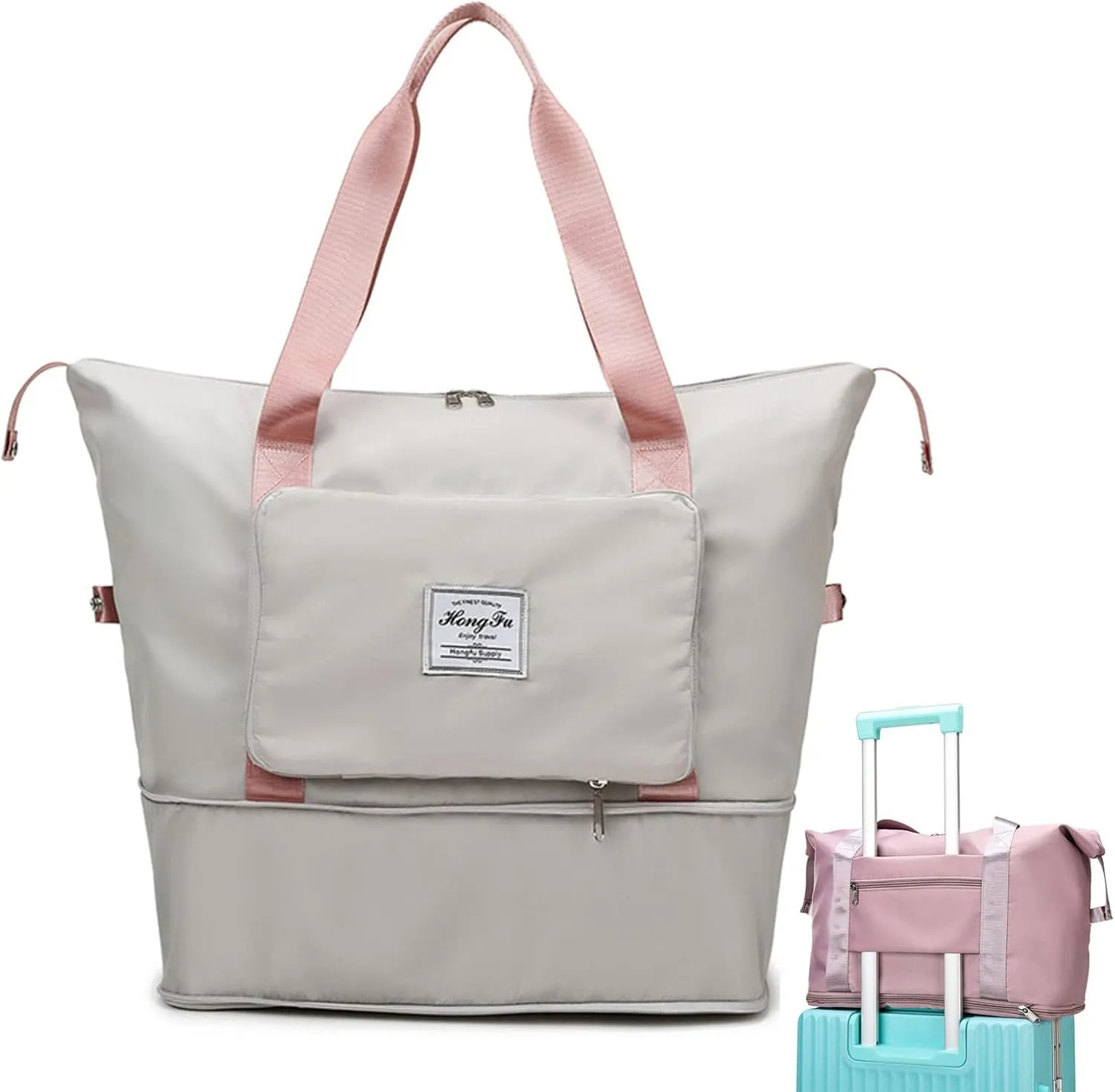 Gpmsign Travel Bag, Large Capacity Folding Travel Bag, High-capacity Double-layer Wet Separation Travelling Bag (Ash With Powder)