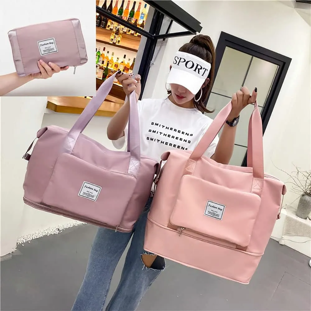 Gpmsign Travel Bag, Large Capacity Folding Travel Bag, High-capacity Double-layer Wet Separation Travelling Bag (Ash With Powder)