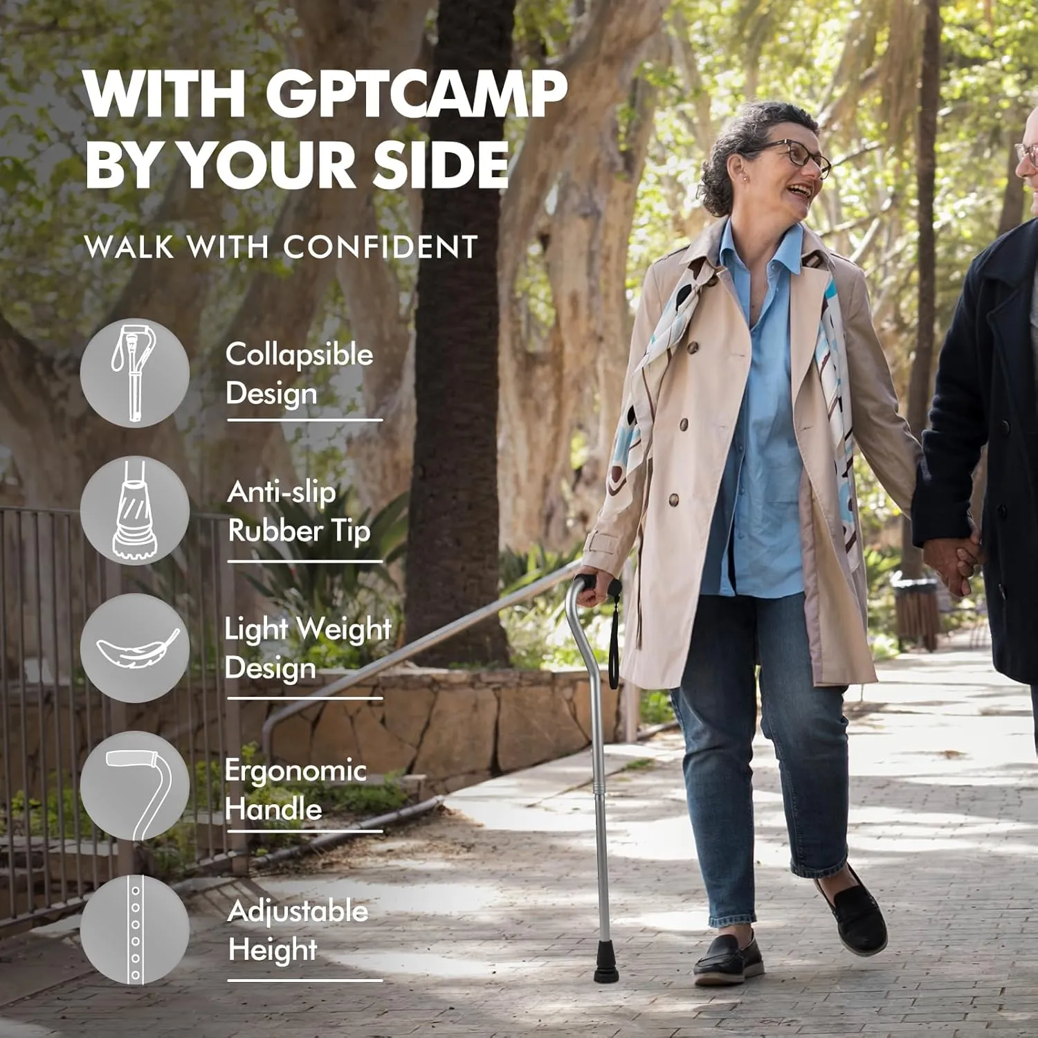 GPTCAMP Walking Cane and Walking Stick for Men Women,Lightweight Folding Canes with Offset Soft Cushioned Handle,Adjustable & Collapsible,Mobility & Leg Surgery Recovery