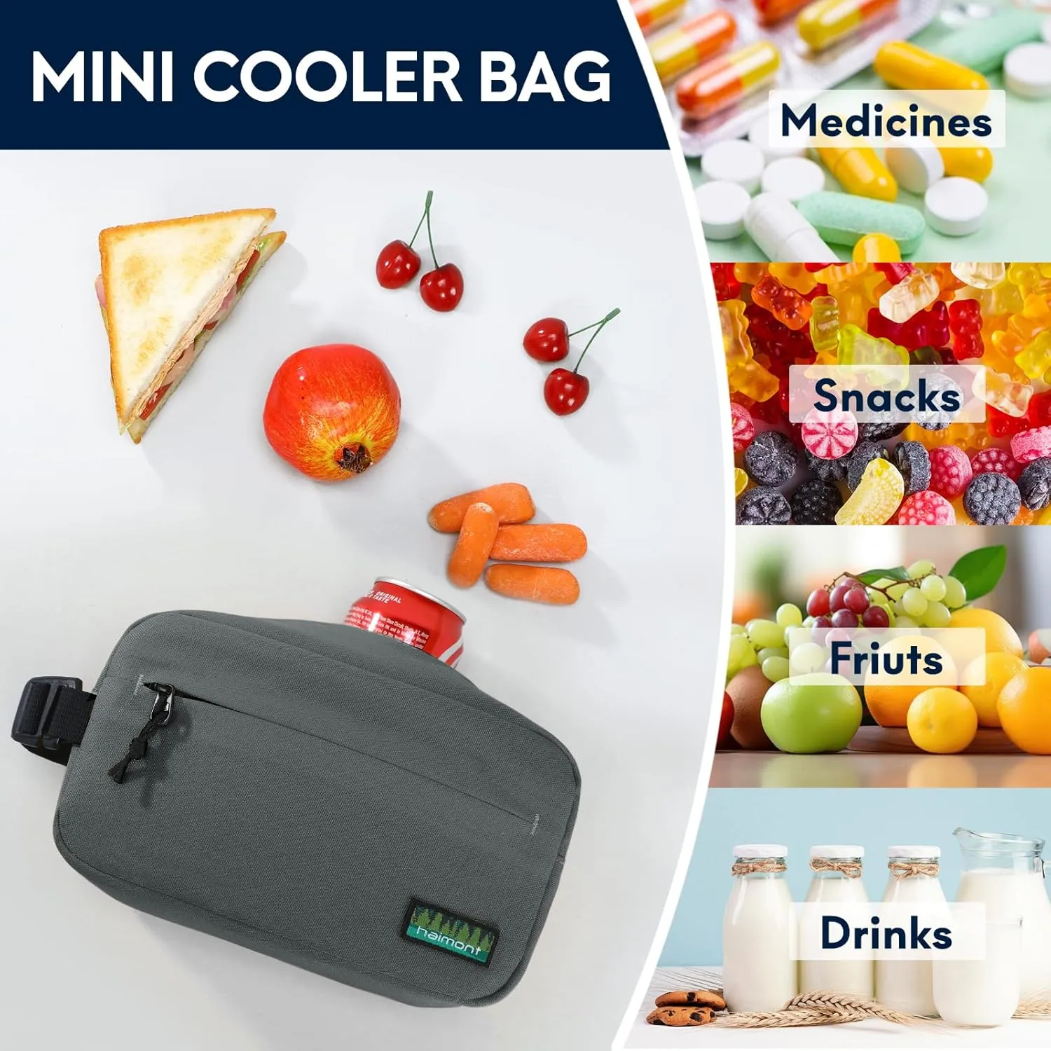 Haimont Freezable Snack Cooler Bag, Mini Chill Reusable Freezer Lunch Bags with Adjustable Handle, Wear Resistant Small Insulated with Zip Closure, Gray