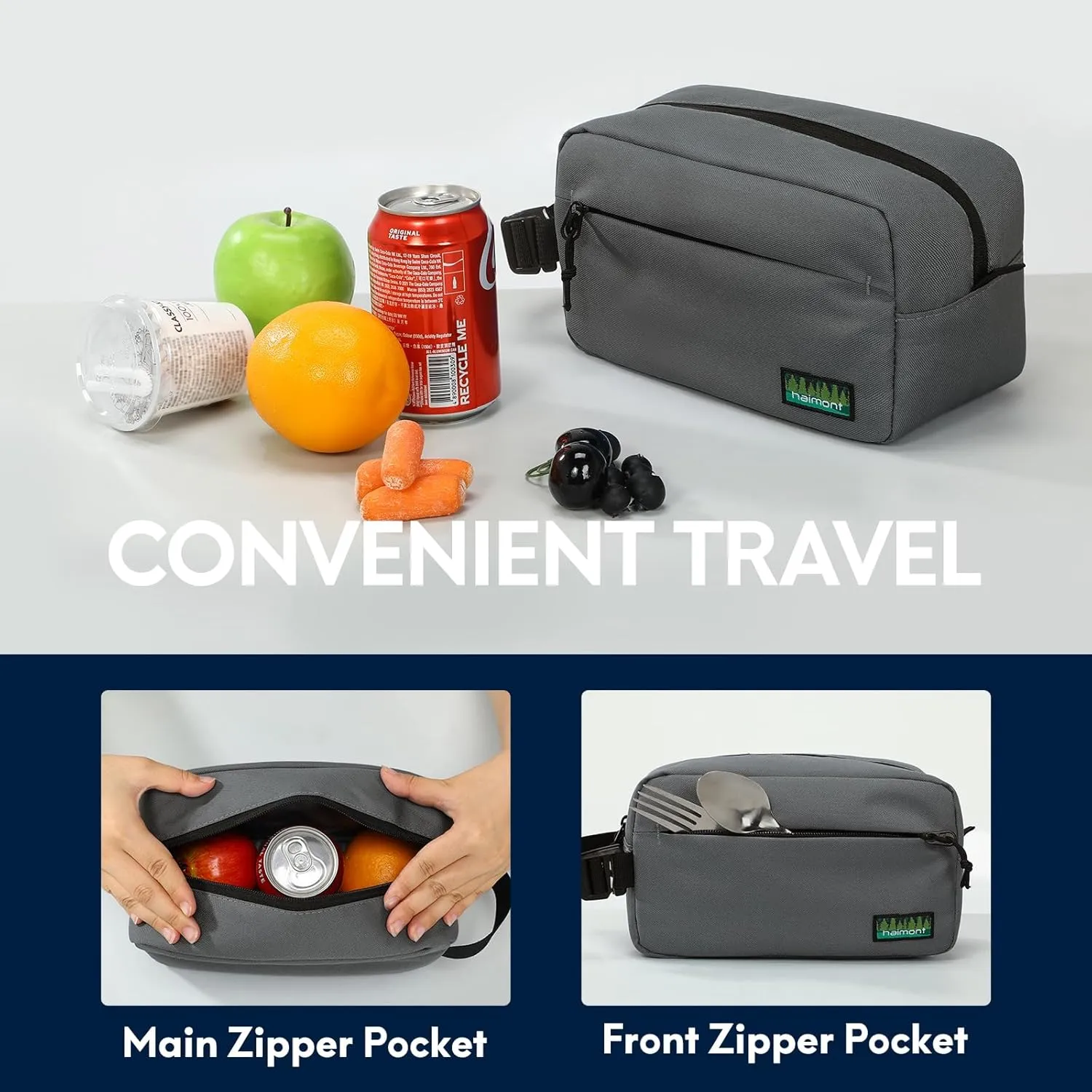 Haimont Freezable Snack Cooler Bag, Mini Chill Reusable Freezer Lunch Bags with Adjustable Handle, Wear Resistant Small Insulated with Zip Closure, Gray