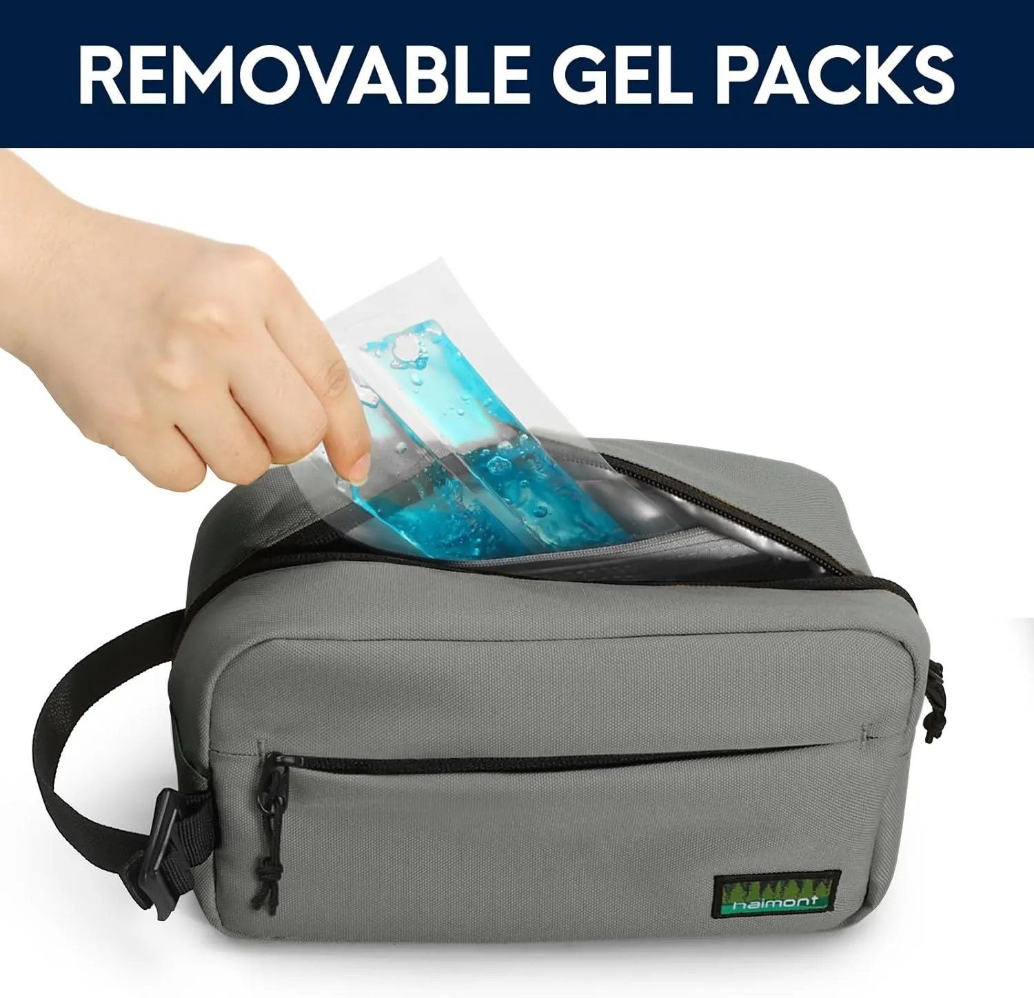 Haimont Freezable Snack Cooler Bag, Mini Chill Reusable Freezer Lunch Bags with Adjustable Handle, Wear Resistant Small Insulated with Zip Closure, Gray