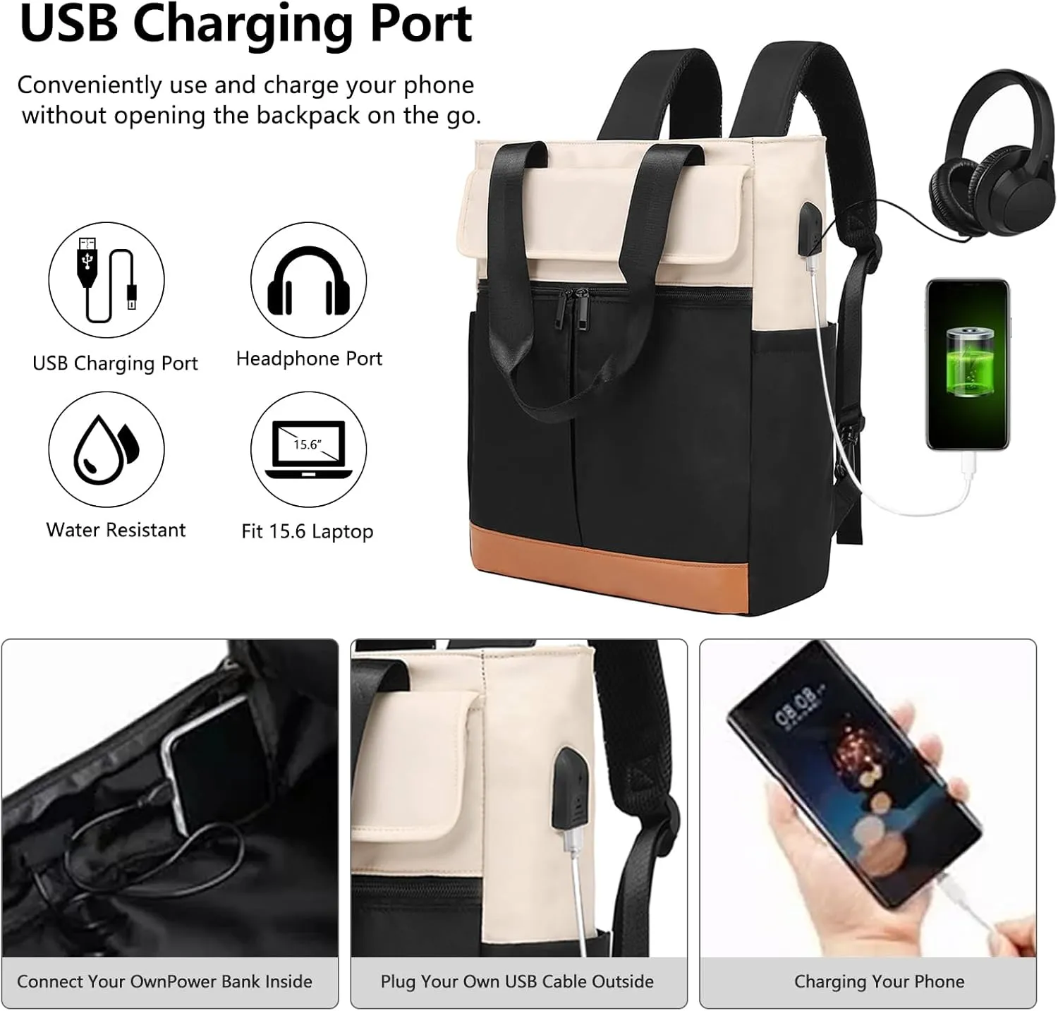 Handle Bag, convertible Backpack for Women - 15.6 Inch Multifunction Laptop Bag with USB Charging Port - for Business,Travel,Work