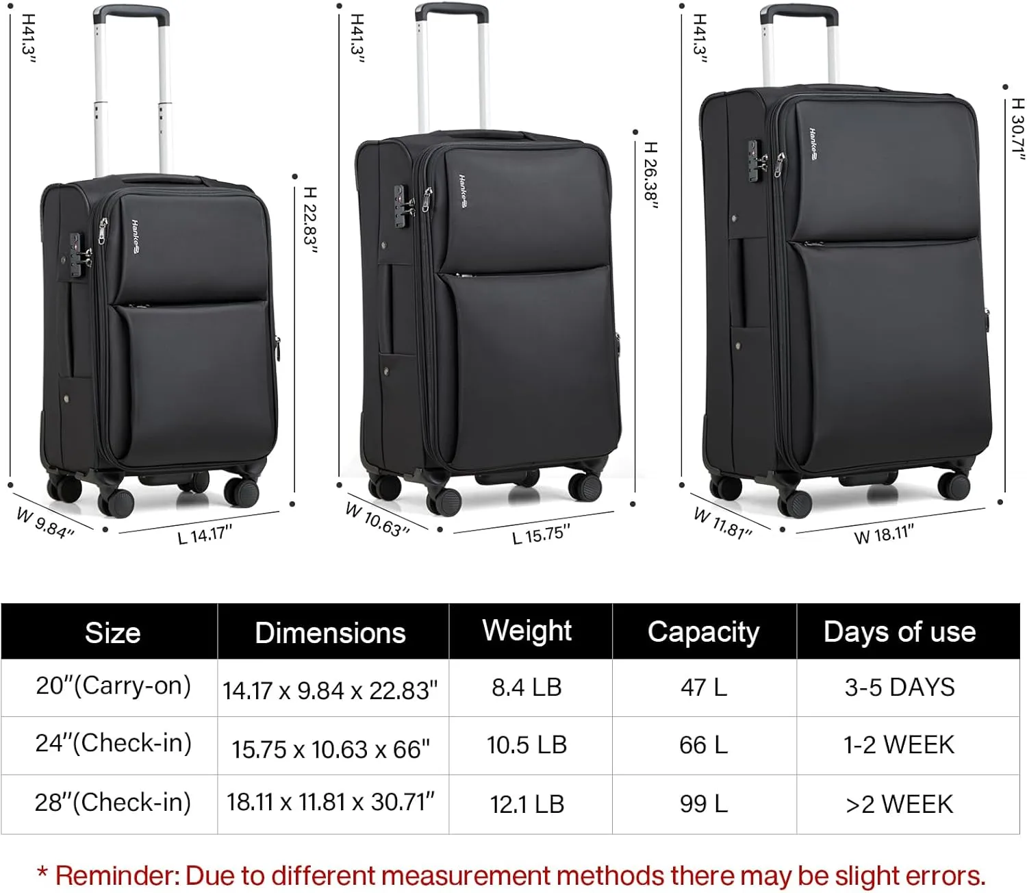 Hanke 24 Inch Luggage Expandable Softside Checked Suitcases with Spinner Wheels, Upright Rolling Luggage Suitcases Travel TSA Luggage Bag for Women Men(Black)
