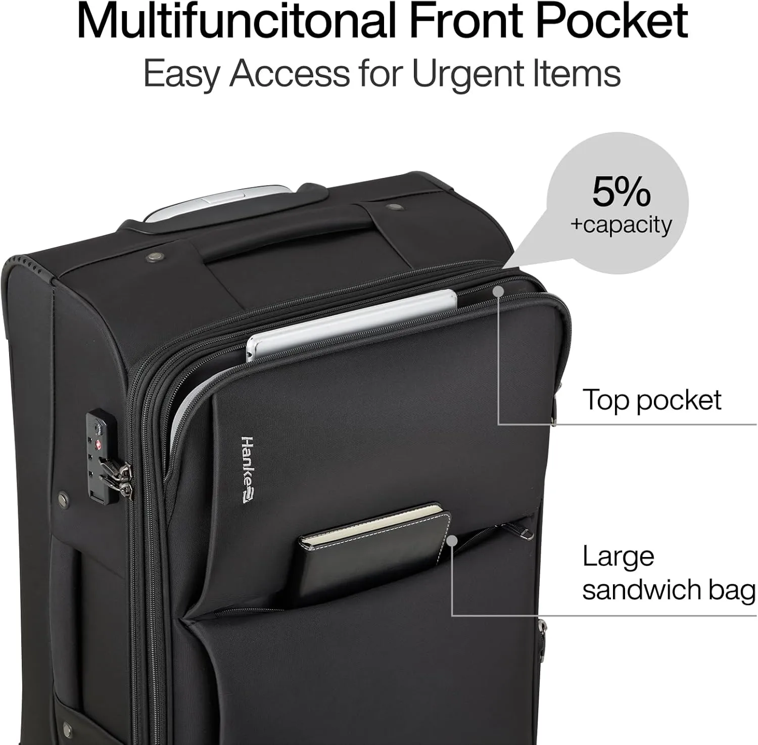 Hanke 24 Inch Luggage Expandable Softside Checked Suitcases with Spinner Wheels, Upright Rolling Luggage Suitcases Travel TSA Luggage Bag for Women Men(Black)