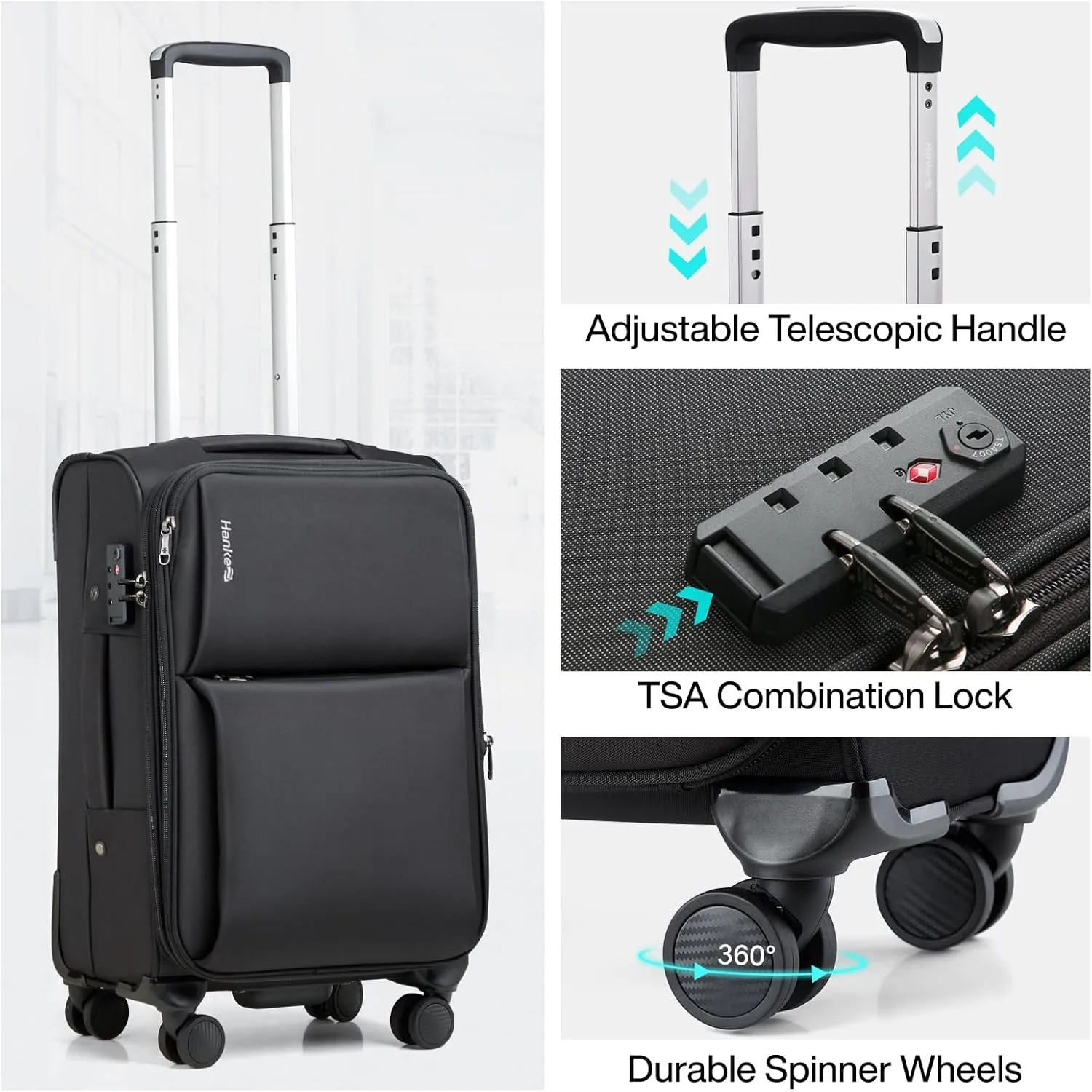 Hanke 24 Inch Luggage Expandable Softside Checked Suitcases with Spinner Wheels, Upright Rolling Luggage Suitcases Travel TSA Luggage Bag for Women Men(Black)