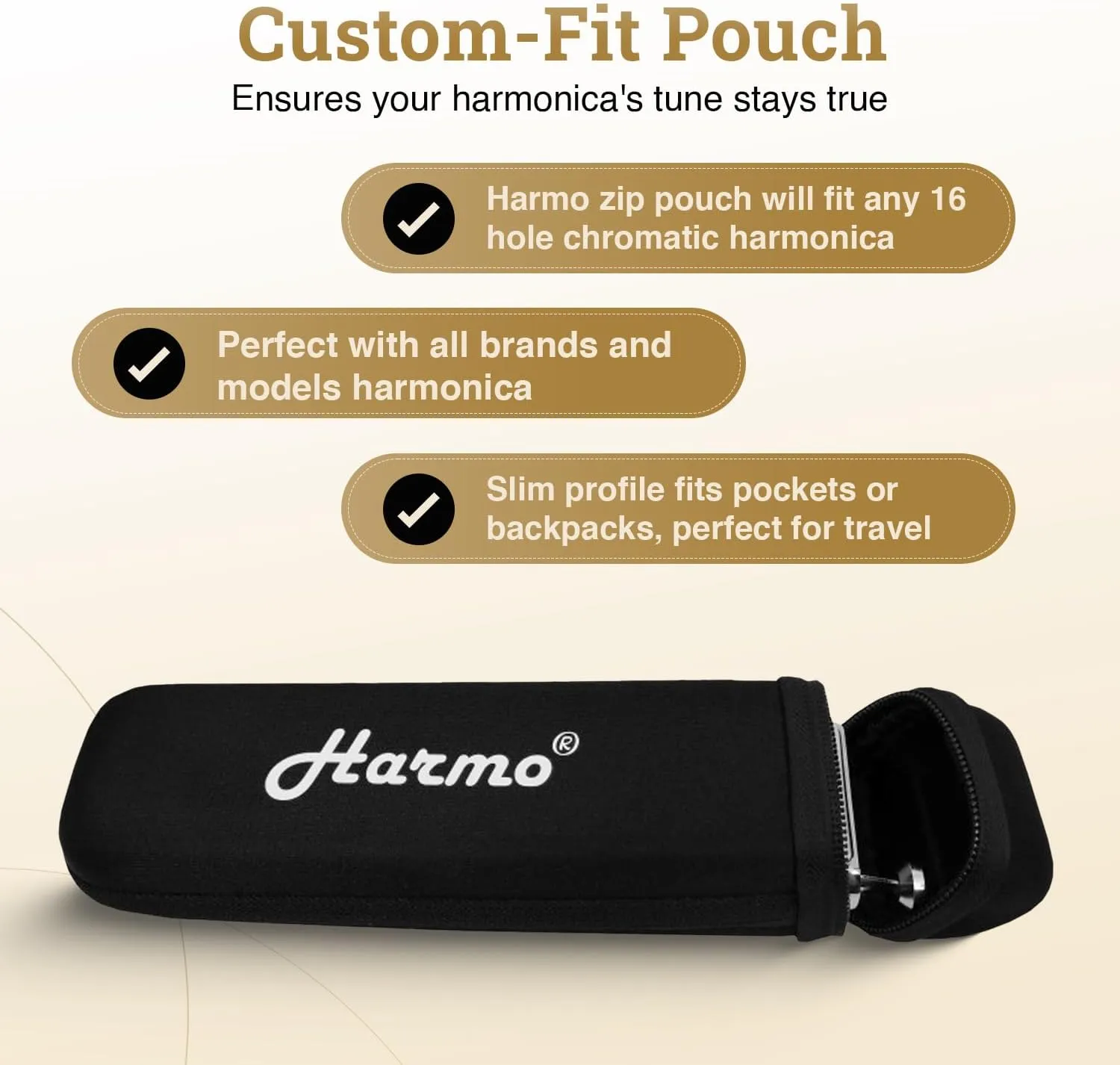 Harmonica case for 16 hole chromatic harmonica by Harmo – black zip pouch