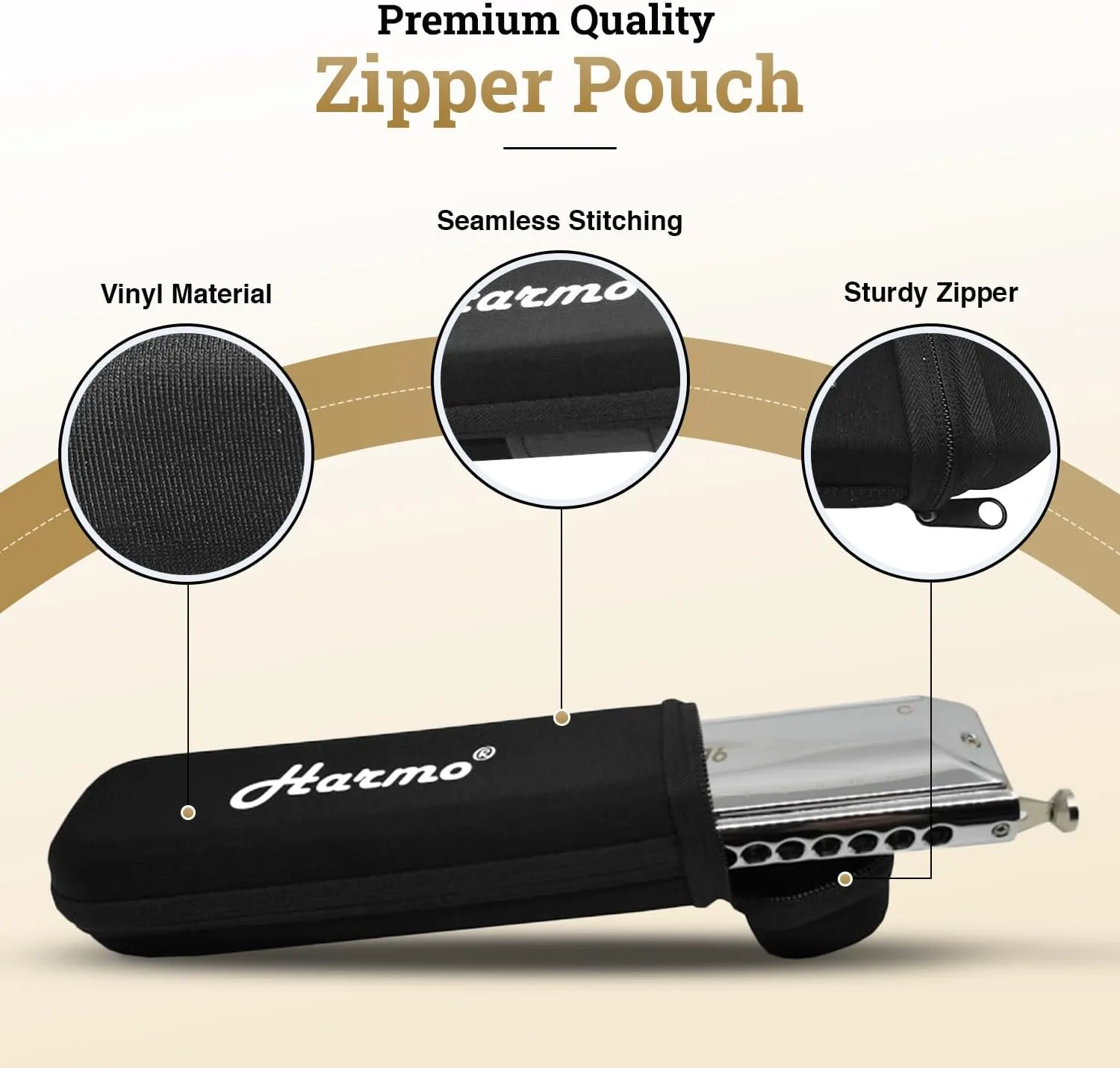 Harmonica case for 16 hole chromatic harmonica by Harmo – black zip pouch
