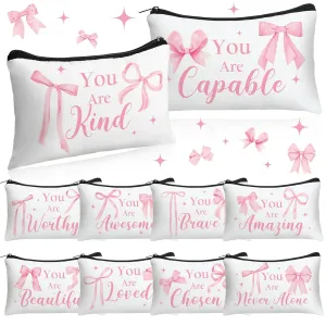 Hillban 10 Pcs Inspirational Cosmetic Bag Gifts for Mother's Day Women Bulk Christian Gifts for Women Church Employee Appreciation Makeup Bag Canvas Travel Pouch You Are Amazing(Bow,Pink)