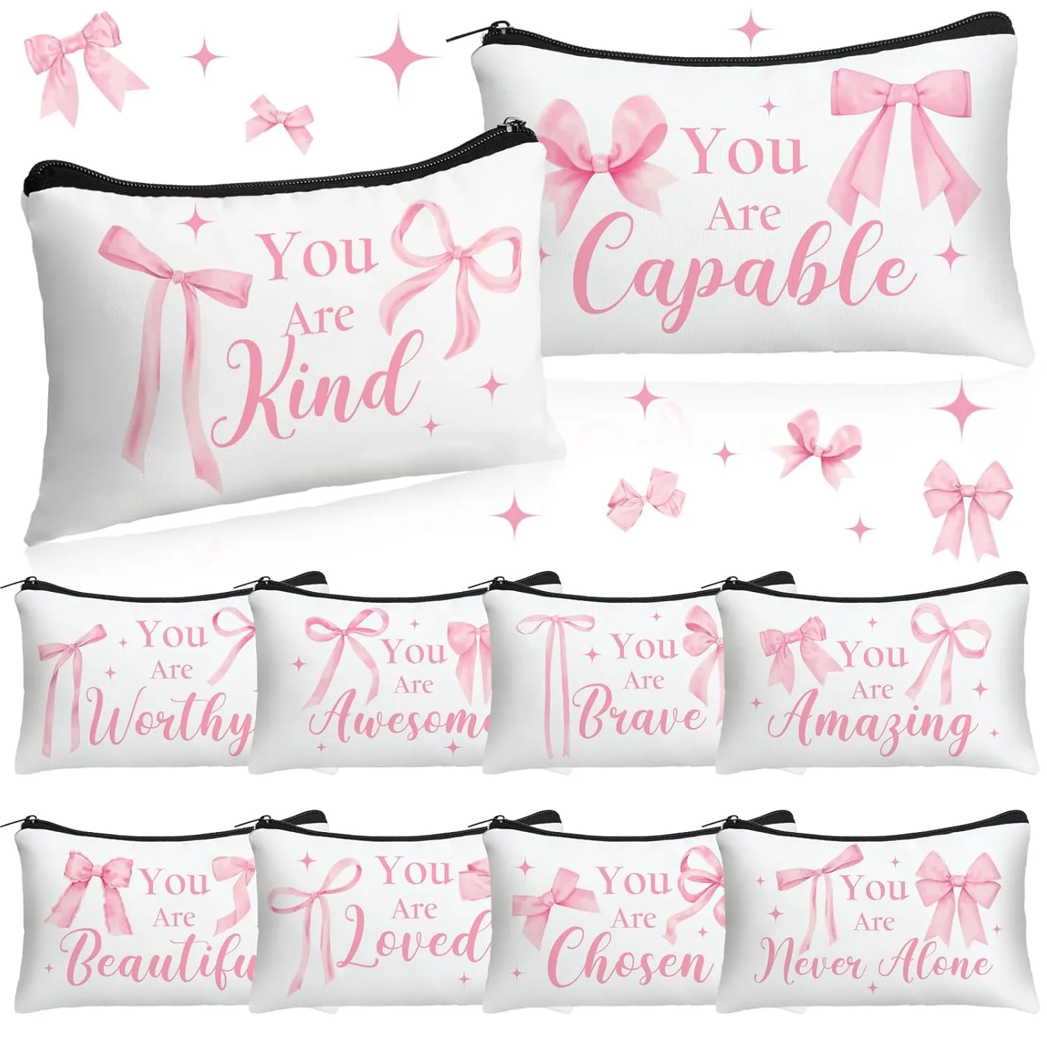 Hillban 10 Pcs Inspirational Cosmetic Bag Gifts for Mother's Day Women Bulk Christian Gifts for Women Church Employee Appreciation Makeup Bag Canvas Travel Pouch You Are Amazing(Bow,Pink)