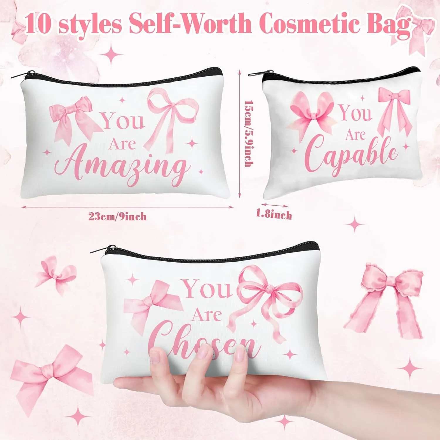 Hillban 10 Pcs Inspirational Cosmetic Bag Gifts for Mother's Day Women Bulk Christian Gifts for Women Church Employee Appreciation Makeup Bag Canvas Travel Pouch You Are Amazing(Bow,Pink)