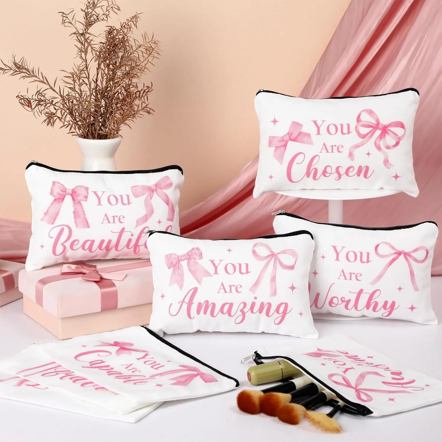 Hillban 10 Pcs Inspirational Cosmetic Bag Gifts for Mother's Day Women Bulk Christian Gifts for Women Church Employee Appreciation Makeup Bag Canvas Travel Pouch You Are Amazing(Bow,Pink)