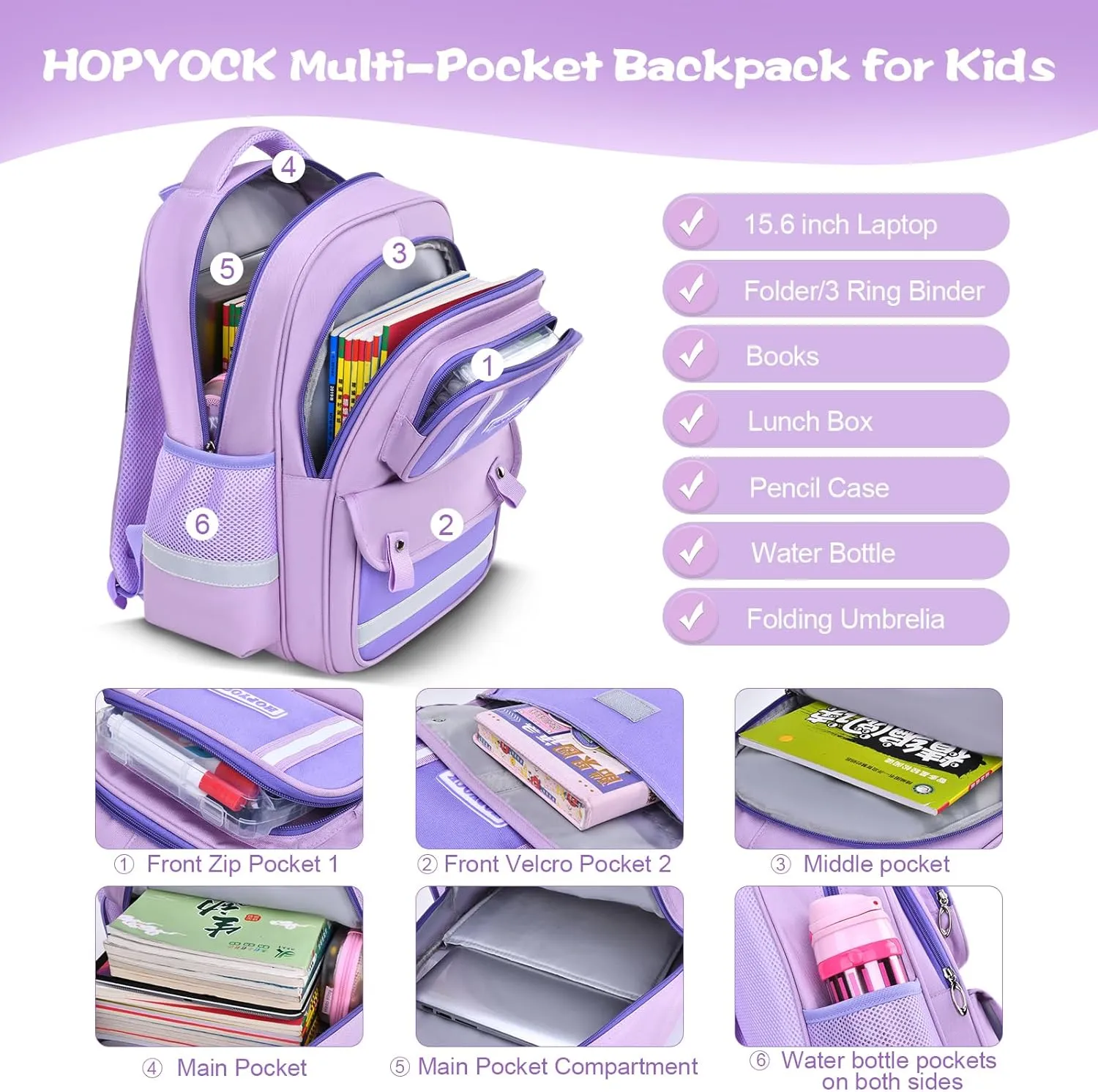 HOPYOCK-School Bags for Girls,Multi-Pocket Unisex Elementary School Backpack with Reflective Design,Kids Backpacks Fit for 4-12 Years Old