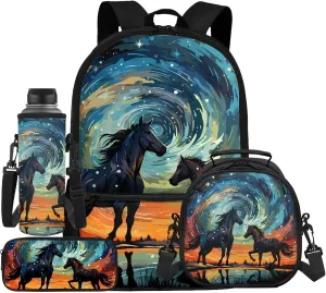 Horse Bookbag for Girls with Lunch Bag Starry Night Backpack and Lunch Box Set and Pencil Case Water Bottle Holder Animal Bookbag/Lunchbox 4 Piece Primary School Backpacks