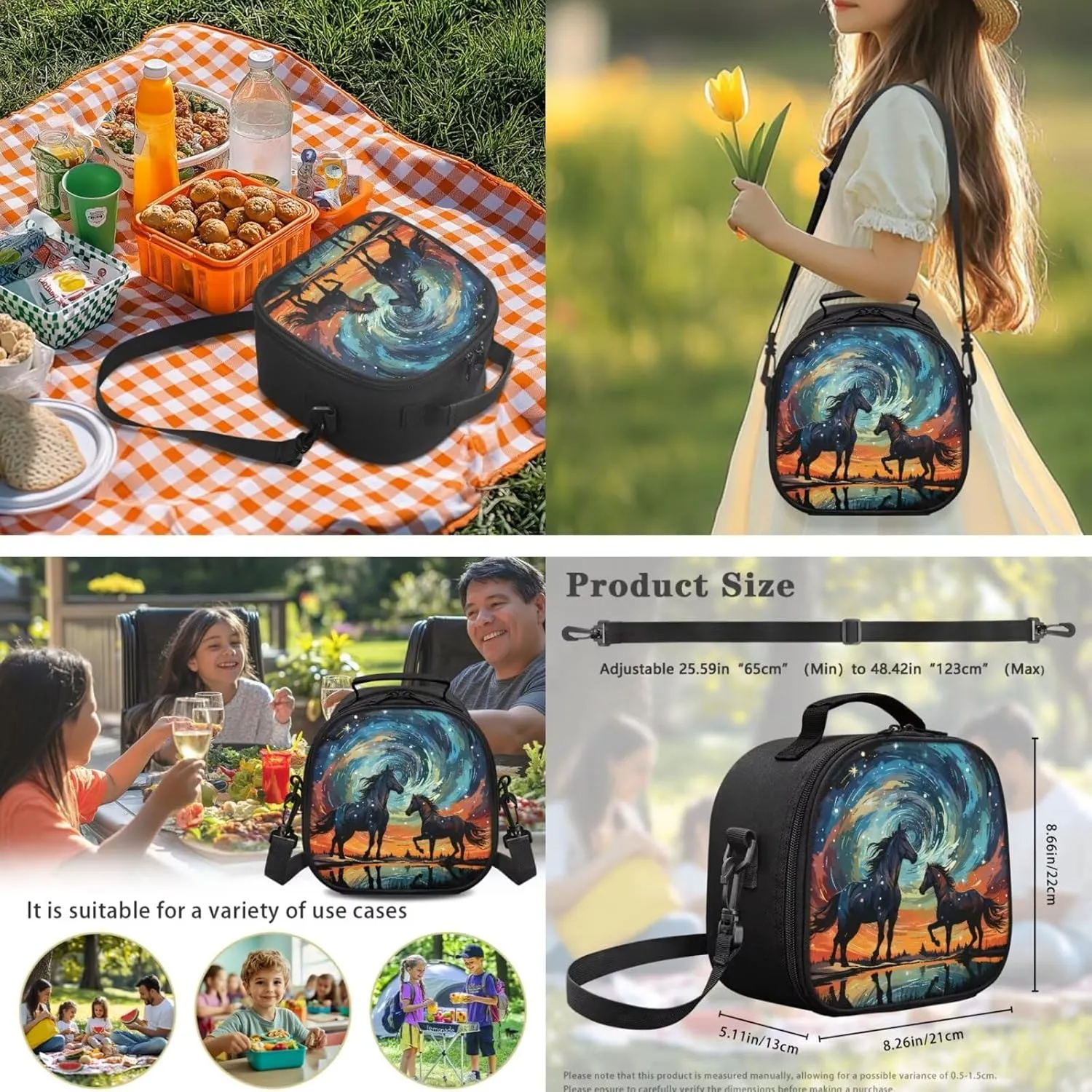 Horse Bookbag for Girls with Lunch Bag Starry Night Backpack and Lunch Box Set and Pencil Case Water Bottle Holder Animal Bookbag/Lunchbox 4 Piece Primary School Backpacks